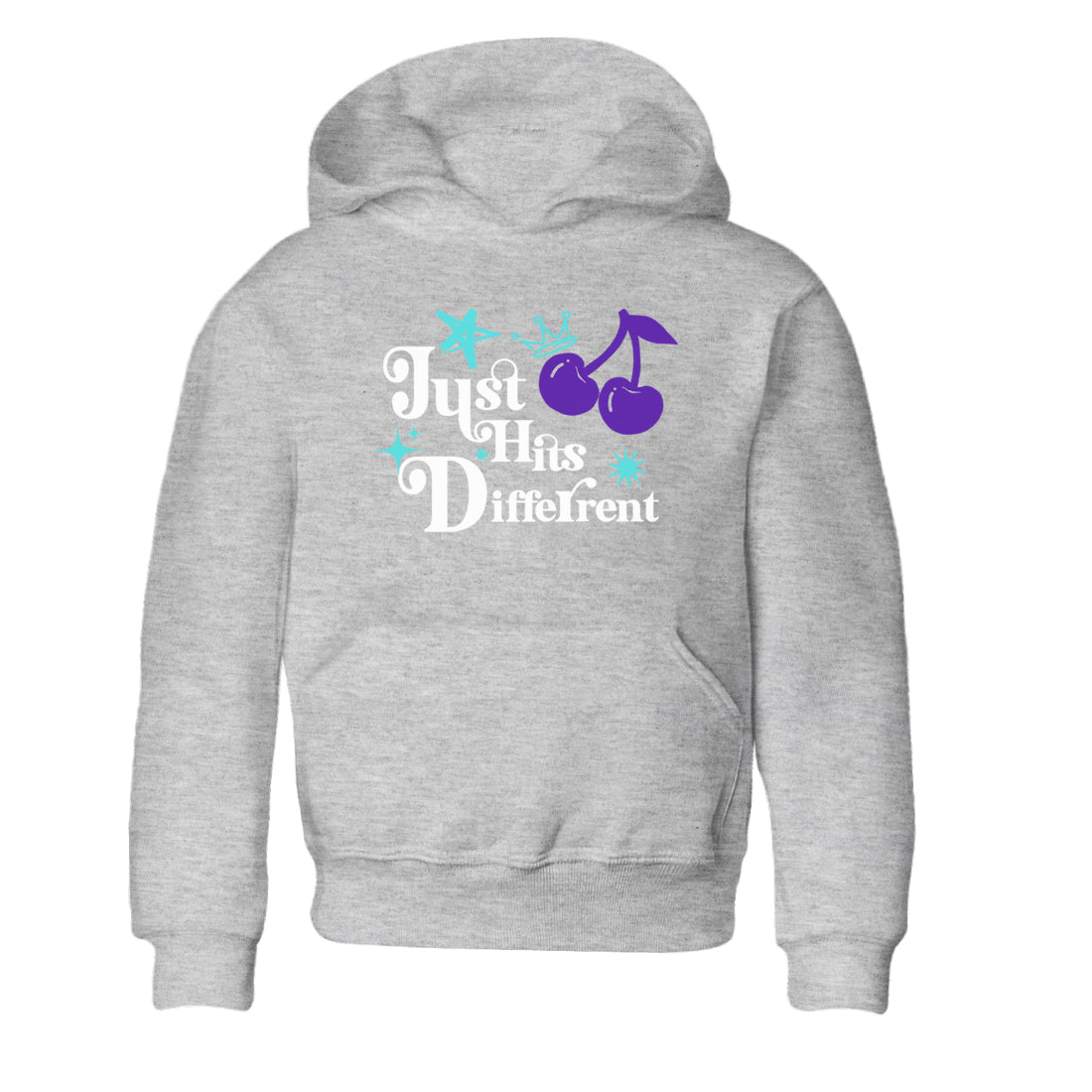 Just Hits Different baby and kids t-shirt crafted for little sneakerheads to shine with the Air Jordan 5 Grape sneakers, displayed in Heather Grey 2.