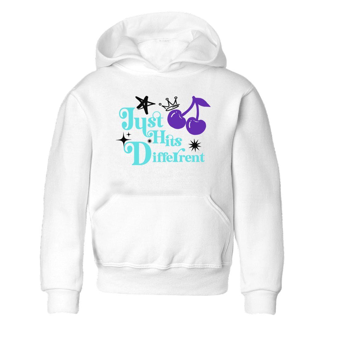 Just Hits Different baby and kids t-shirt crafted for little sneakerheads to shine with the Air Jordan 5 Grape sneakers, displayed in White 2.