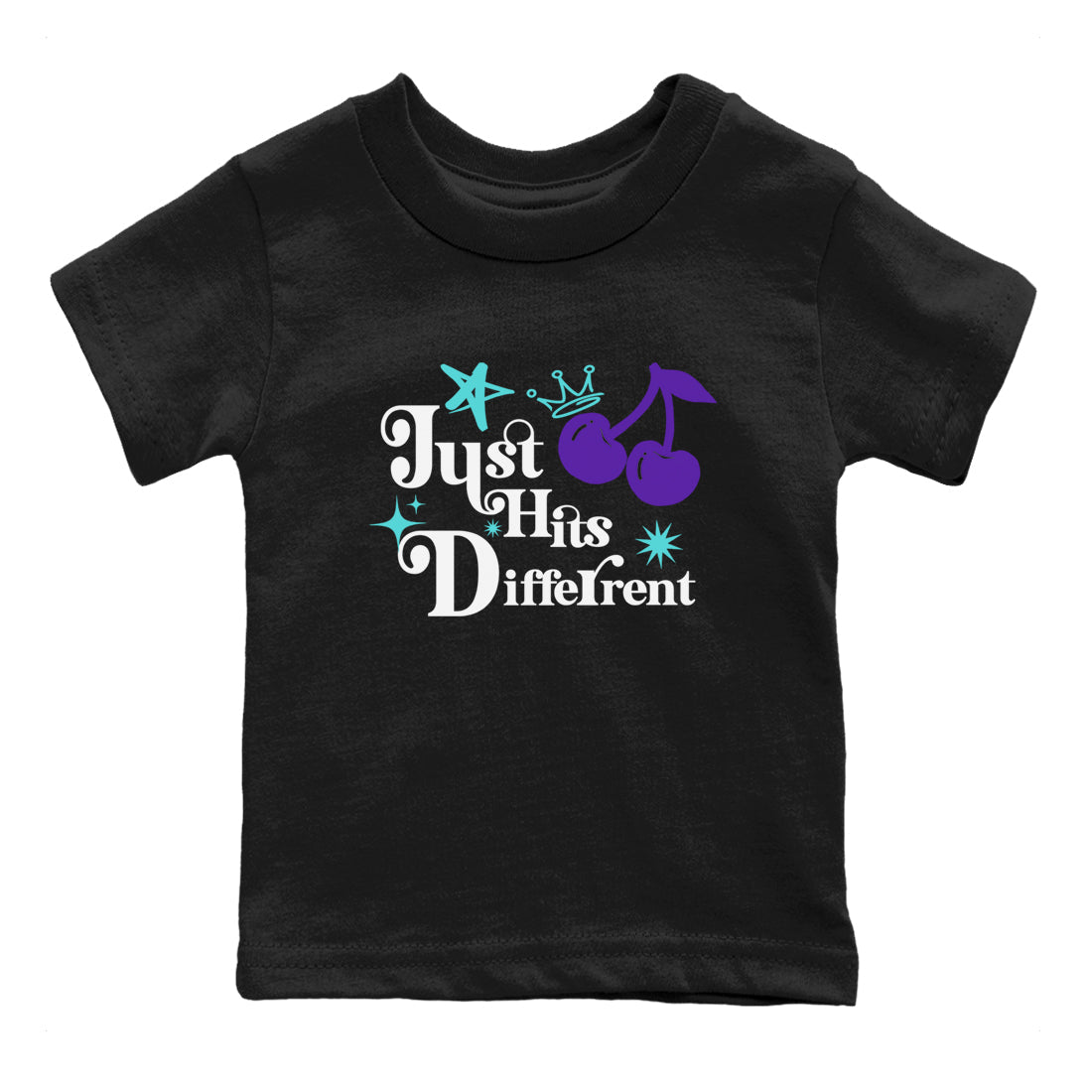 Just Hits Different baby and kids t-shirt crafted for little sneakerheads to shine with the Air Jordan 5 Grape sneakers, displayed in Black 2.