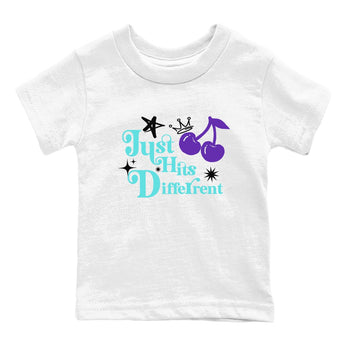 Just Hits Different baby and kids t-shirt crafted for little sneakerheads to shine with the Air Jordan 5 Grape sneakers, displayed in White 2.