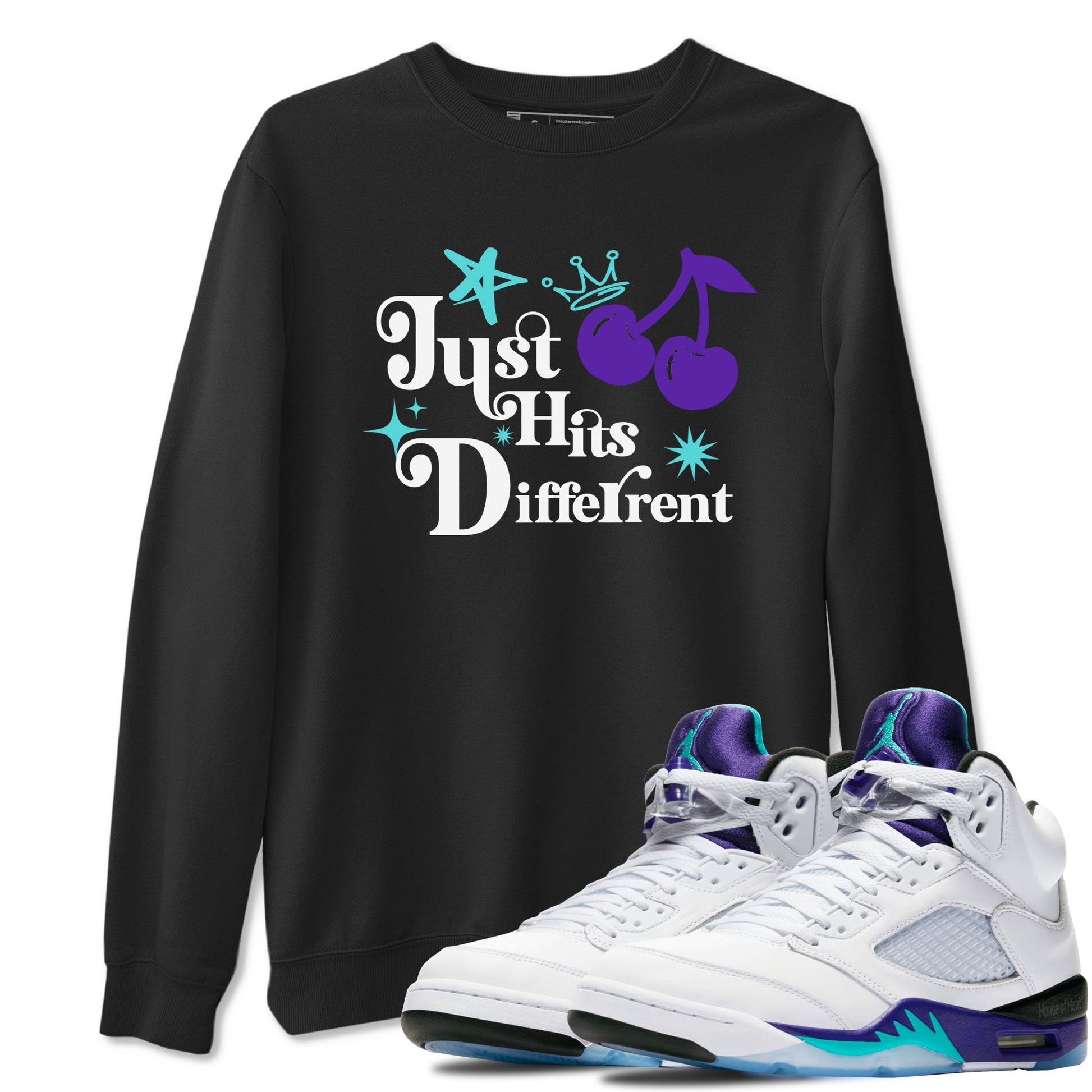 Just Hits Different sneaker match t-shirt styled to complete your fit with the Air Jordan 5 Grape sneakers, shown in Black 1.