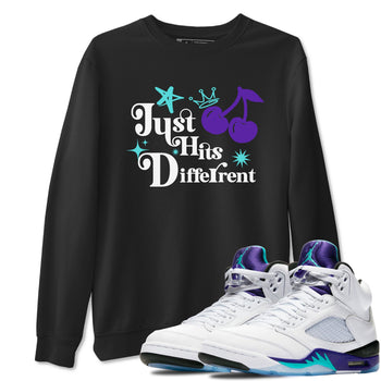 Just Hits Different sneaker match t-shirt styled to complete your fit with the Air Jordan 5 Grape sneakers, shown in Black 1.