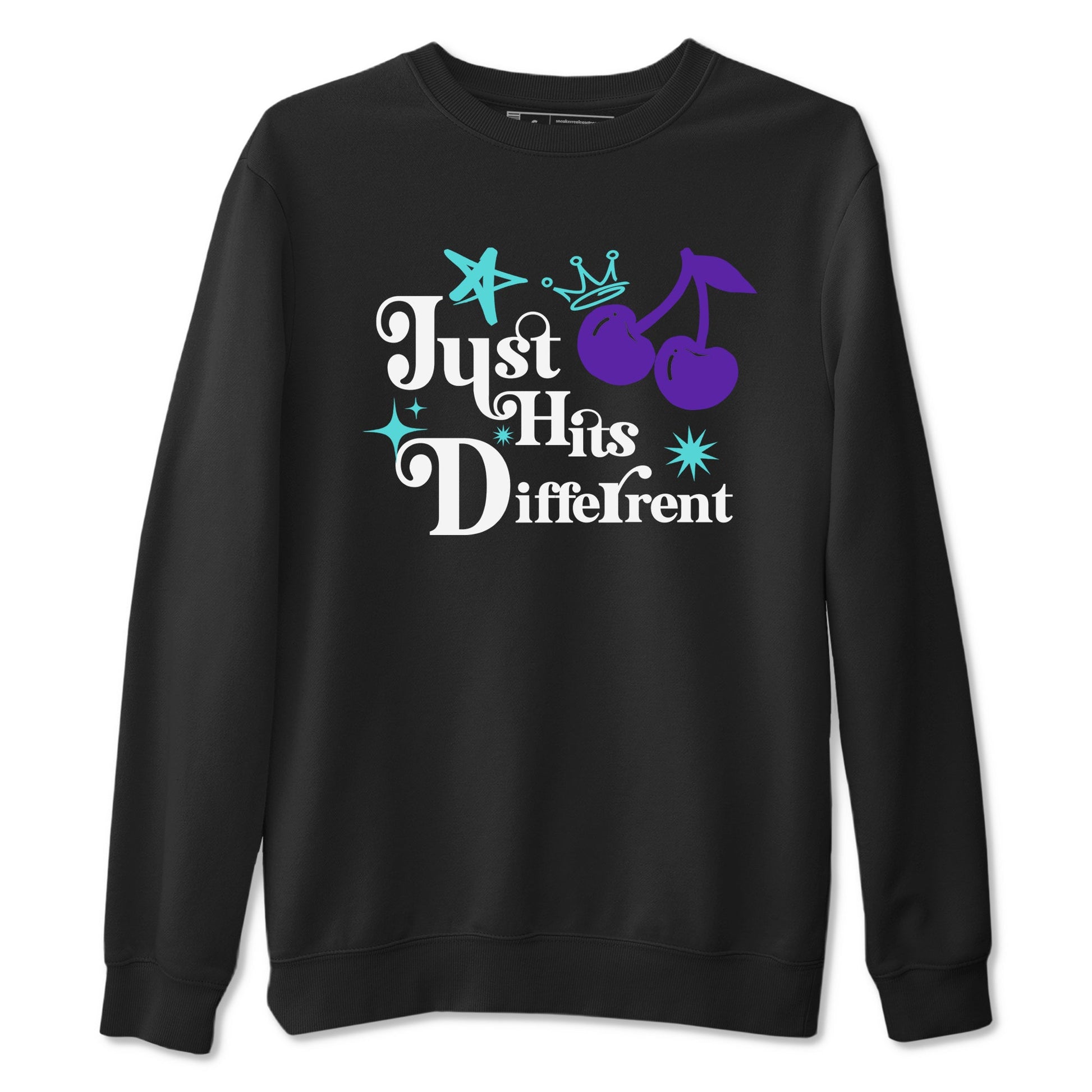 Just Hits Different sneaker match t-shirt styled to complete your fit with the Air Jordan 5 Grape sneakers, shown in Black 2.