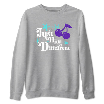 Just Hits Different sneaker match t-shirt styled to complete your fit with the Air Jordan 5 Grape sneakers, shown in Heather Grey 2.