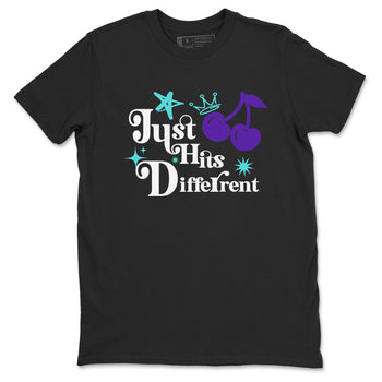 Just Hits Different sneaker match t-shirt styled to complete your fit with the Air Jordan 5 Grape sneakers, shown in Black 2.