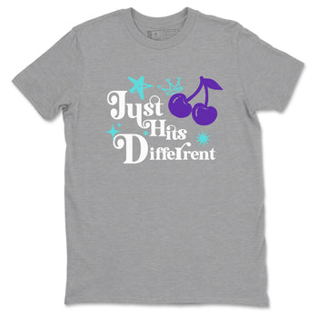 Just Hits Different sneaker match t-shirt styled to complete your fit with the Air Jordan 5 Grape sneakers, shown in Heather Grey 2.