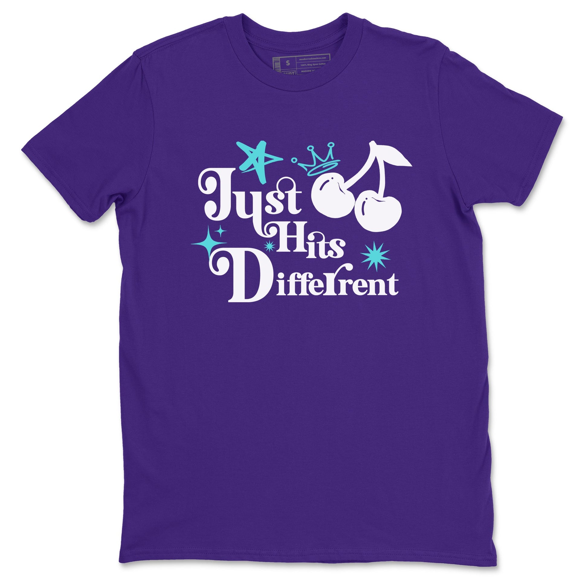 Just Hits Different sneaker match t-shirt styled to complete your fit with the Air Jordan 5 Grape sneakers, shown in Purple 2.