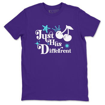 Just Hits Different sneaker match t-shirt styled to complete your fit with the Air Jordan 5 Grape sneakers, shown in Purple 2.