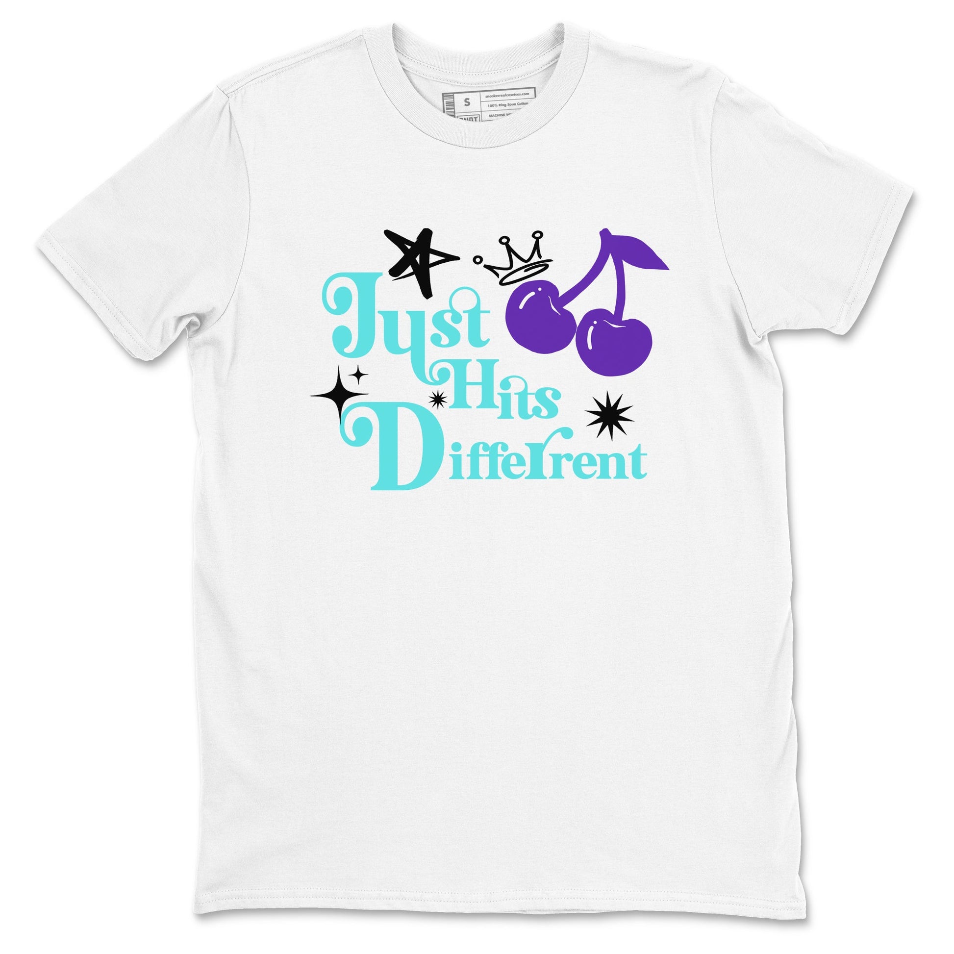 Just Hits Different sneaker match t-shirt styled to complete your fit with the Air Jordan 5 Grape sneakers, shown in White 2.