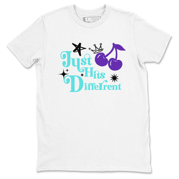 Just Hits Different sneaker match t-shirt styled to complete your fit with the Air Jordan 5 Grape sneakers, shown in White 2.