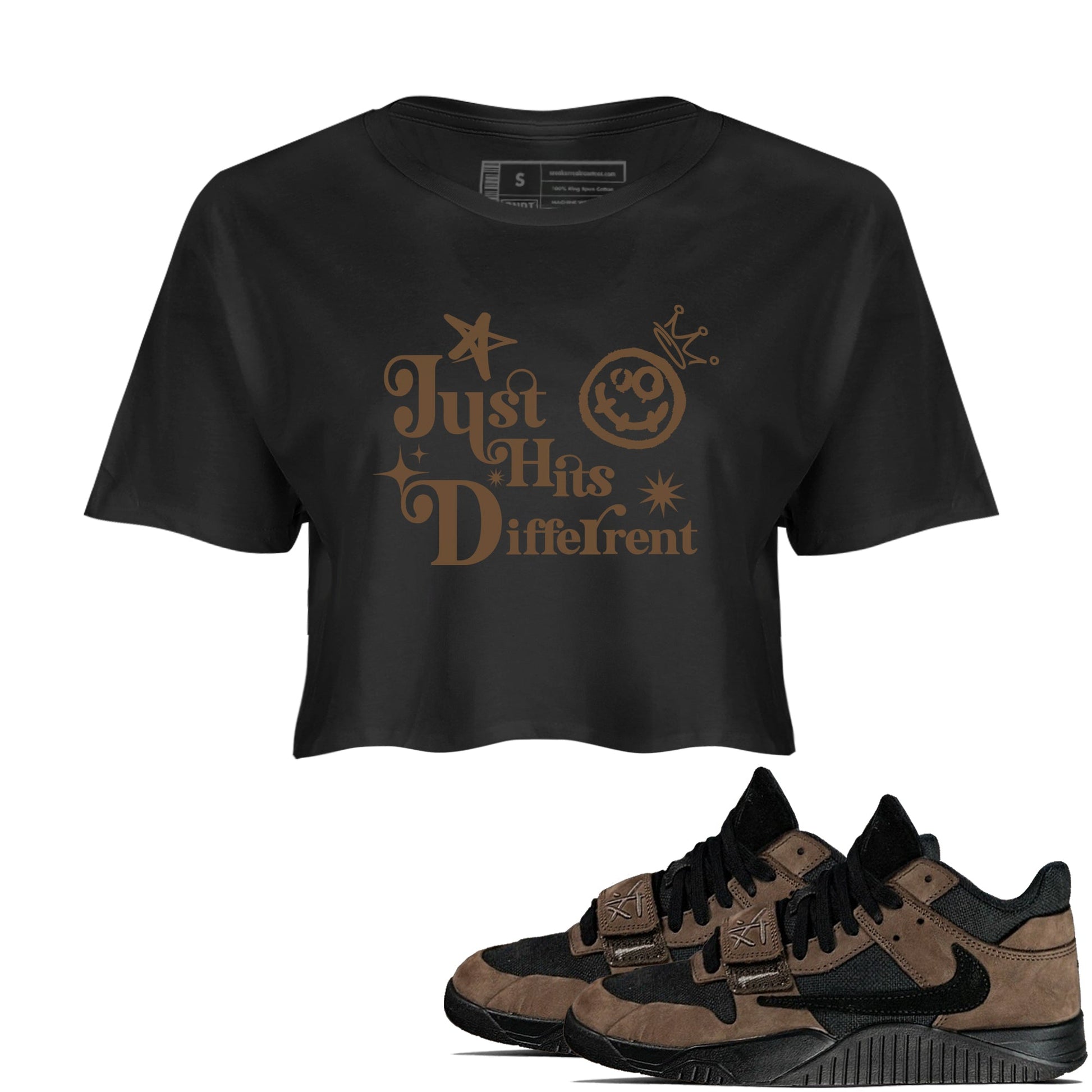 Jordan Jumpman Jack Travis Scott Dark Mocha shirts to match jordans Just Hits Different sneaker match tees Jordan Jumpman Jack Travis Scott Dark Mocha match shoes to clothes SNRT Sneaker Tees unisex cotton Black 1 crop tee
