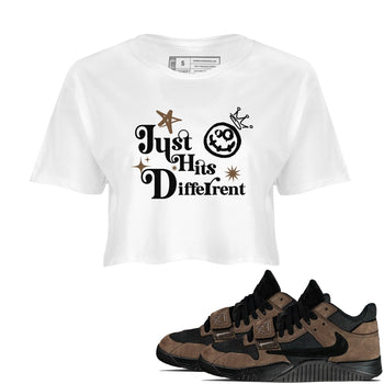 Jordan Jumpman Jack Travis Scott Dark Mocha shirts to match jordans Just Hits Different sneaker match tees Jordan Jumpman Jack Travis Scott Dark Mocha match shoes to clothes SNRT Sneaker Tees unisex cotton White 1 crop tee