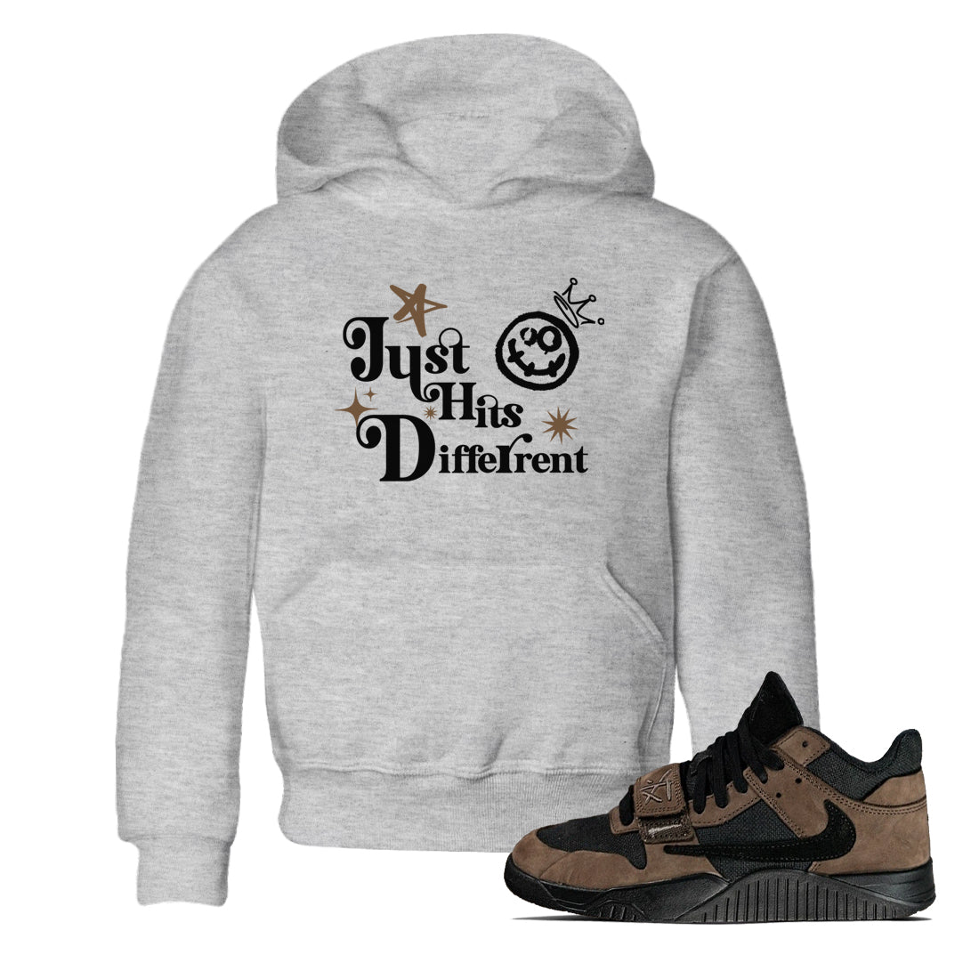 Jordan Jumpman Jack Travis Scott Dark Mocha shirts to match jordans Just Hits Different sneaker match tees Jordan Jumpman Jack Travis Scott Dark Mocha match shoes to clothes SNRT Sneaker Tees Youth Baby Heather Grey 1 tee