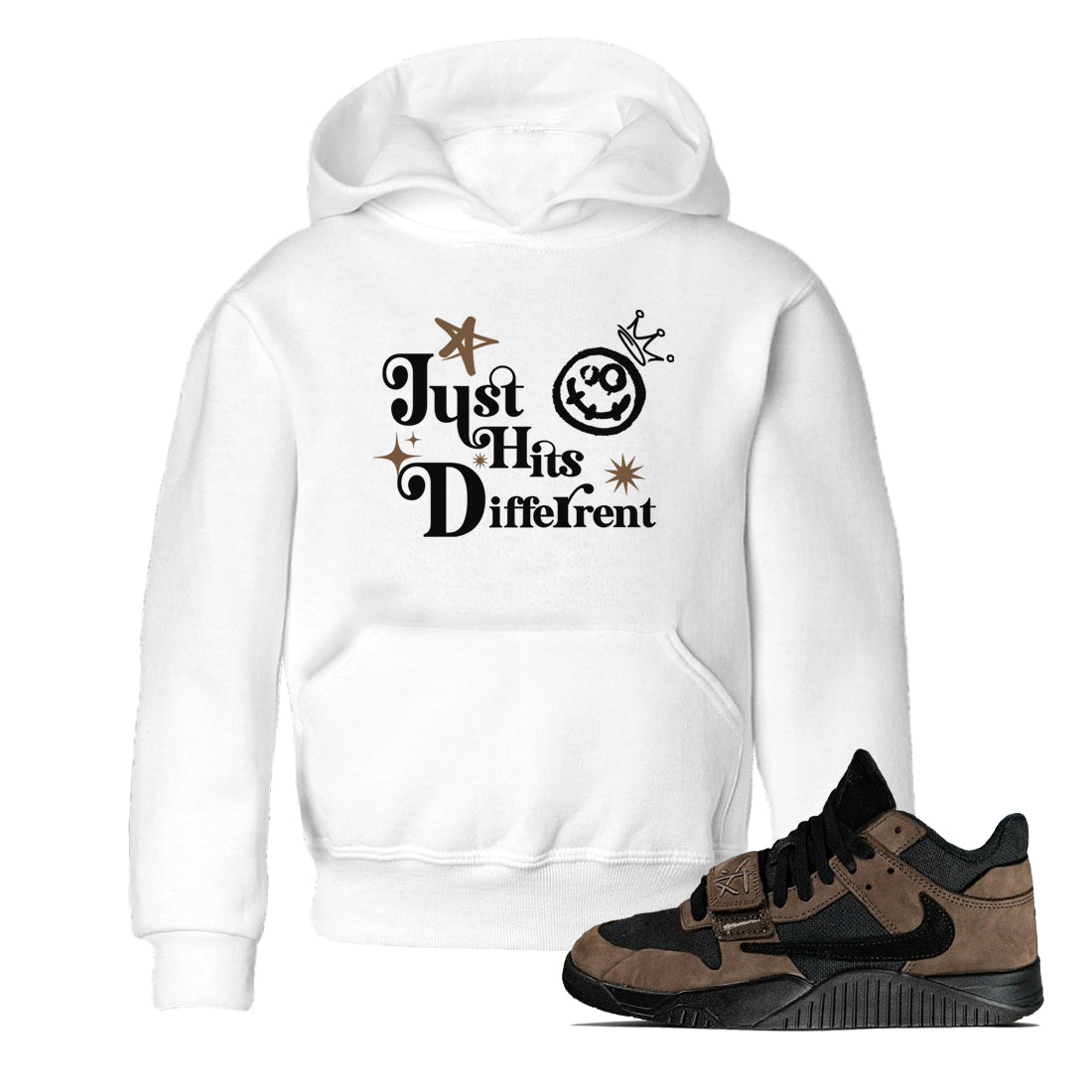 Jordan Jumpman Jack Travis Scott Dark Mocha shirts to match jordans Just Hits Different sneaker match tees Jordan Jumpman Jack Travis Scott Dark Mocha match shoes to clothes SNRT Sneaker Tees Youth Baby White 1 tee