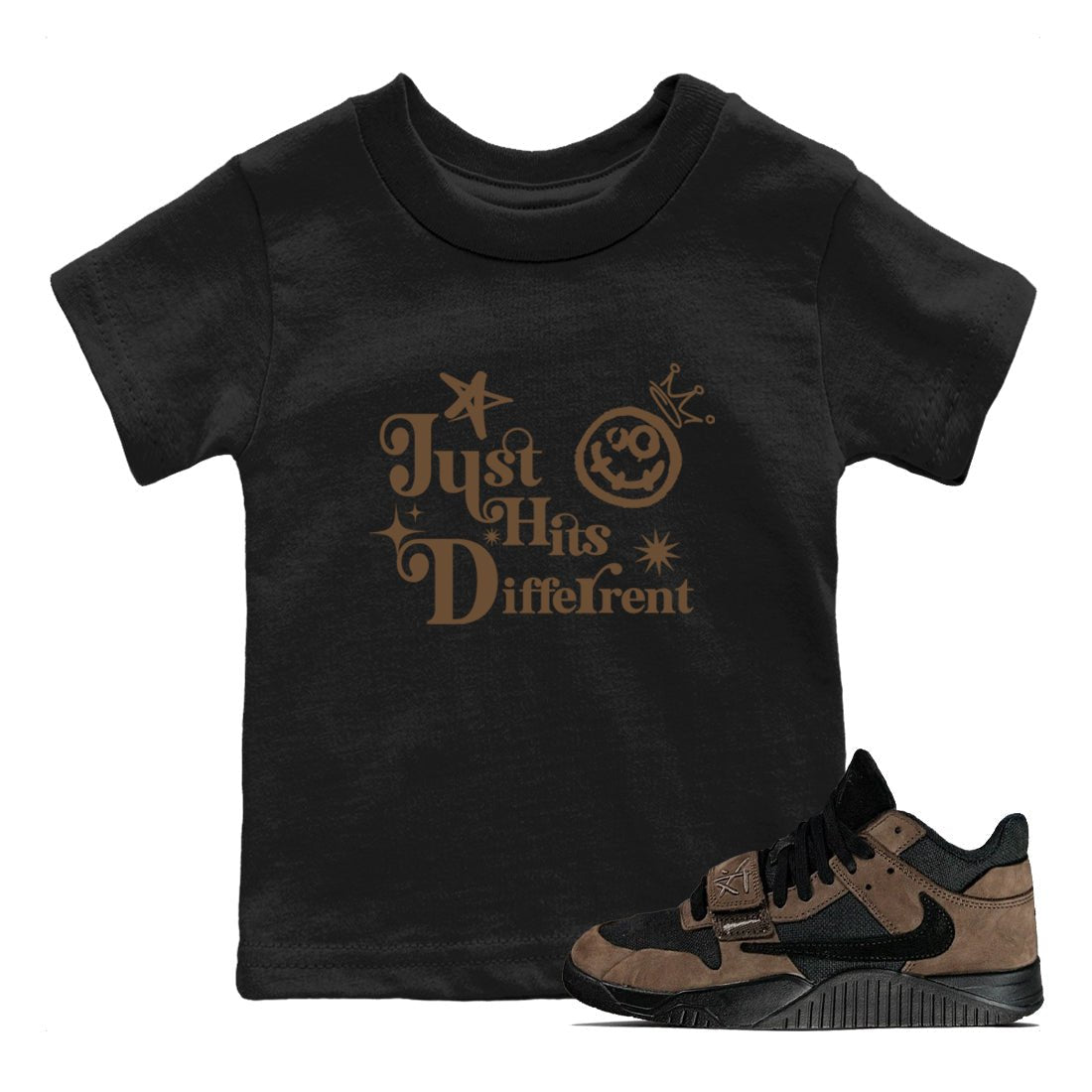 Jordan Jumpman Jack Travis Scott Dark Mocha shirts to match jordans Just Hits Different sneaker match tees Jordan Jumpman Jack Travis Scott Dark Mocha match shoes to clothes SNRT Sneaker Tees Youth Baby Black 1 tee