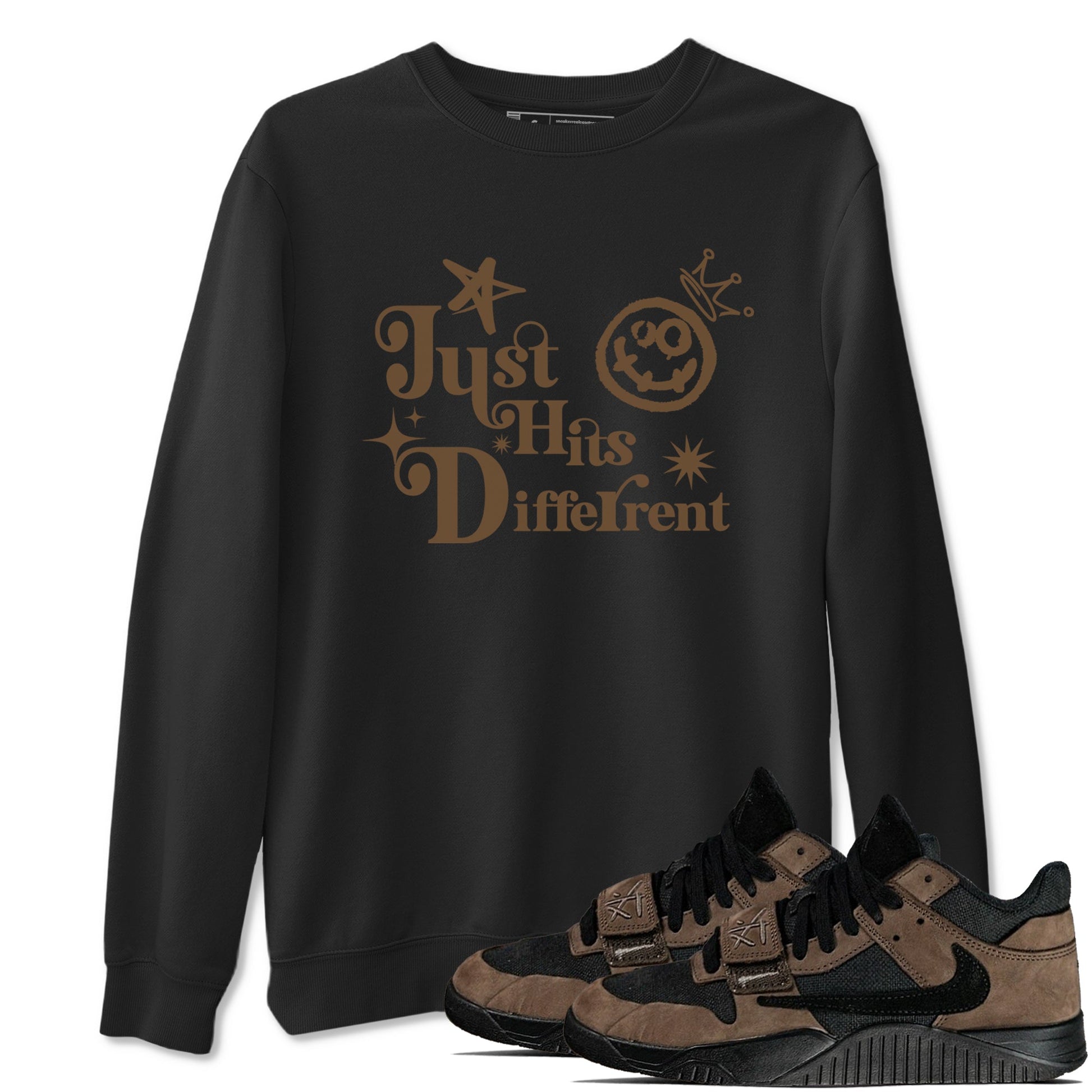 Jordan Jumpman Jack Travis Scott Dark Mocha shirts to match jordans Just Hits Different sneaker match tees Jordan Jumpman Jack Travis Scott Dark Mocha match shoes to clothes SNRT Sneaker Tees unisex cotton Black 1 shirts