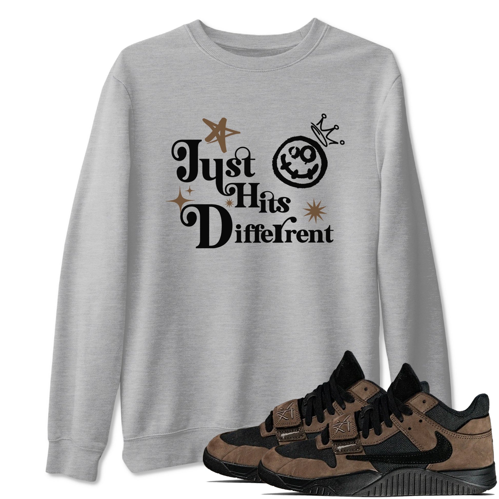 Jordan Jumpman Jack Travis Scott Dark Mocha shirts to match jordans Just Hits Different sneaker match tees Jordan Jumpman Jack Travis Scott Dark Mocha match shoes to clothes SNRT Sneaker Tees unisex cotton Heather Grey 1 shirts