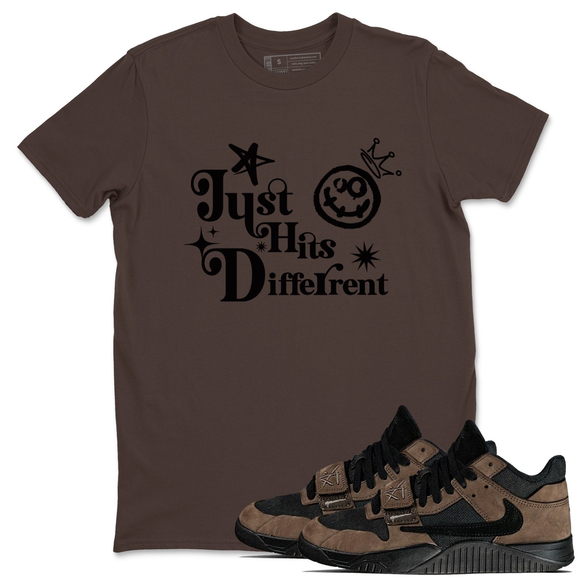Jordan Jumpman Jack Travis Scott Dark Mocha shirts to match jordans Just Hits Different sneaker match tees Jordan Jumpman Jack Travis Scott Dark Mocha match shoes to clothes SNRT Sneaker Tees unisex cotton Dark Chocolate 1 shirts