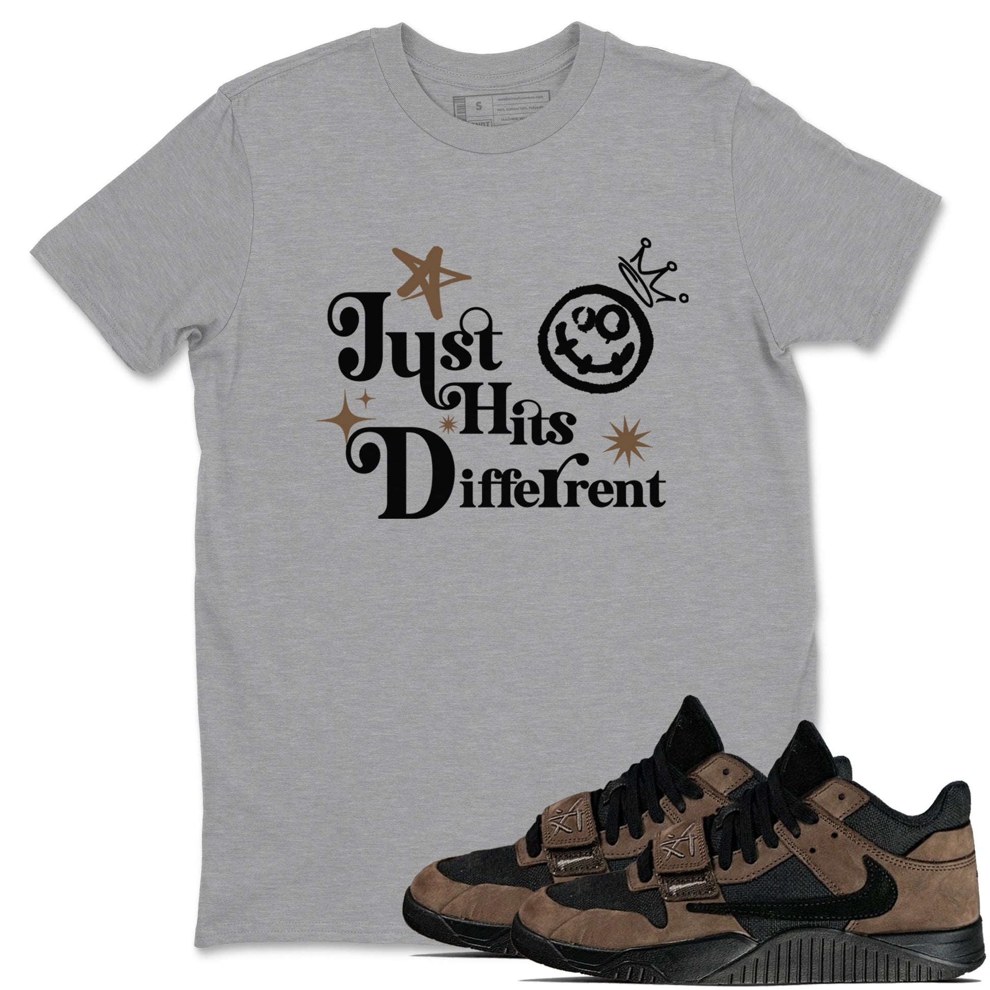 Jordan Jumpman Jack Travis Scott Dark Mocha shirts to match jordans Just Hits Different sneaker match tees Jordan Jumpman Jack Travis Scott Dark Mocha match shoes to clothes SNRT Sneaker Tees unisex cotton Heather Grey 1 shirts