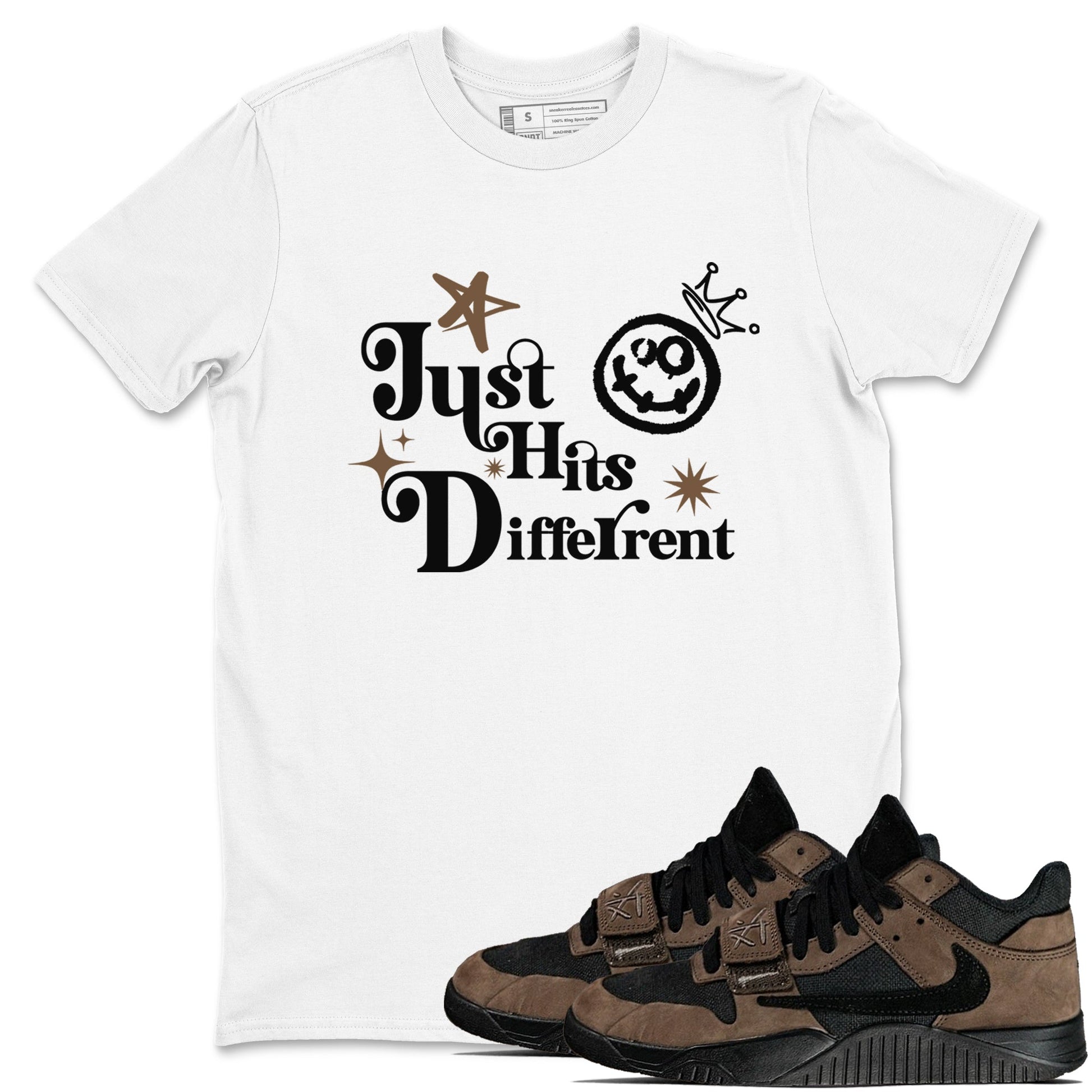 Jordan Jumpman Jack Travis Scott Dark Mocha shirts to match jordans Just Hits Different sneaker match tees Jordan Jumpman Jack Travis Scott Dark Mocha match shoes to clothes SNRT Sneaker Tees unisex cotton White 1 shirts