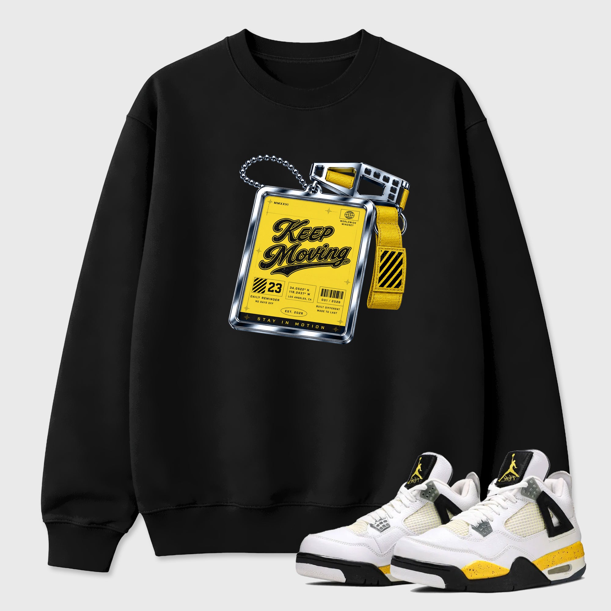 Keep Moving Graphic T-Shirt featuring original streetwear artwork designed to match the Air Jordan 4 Tour Yellow. Black 1 Graphic Tee.