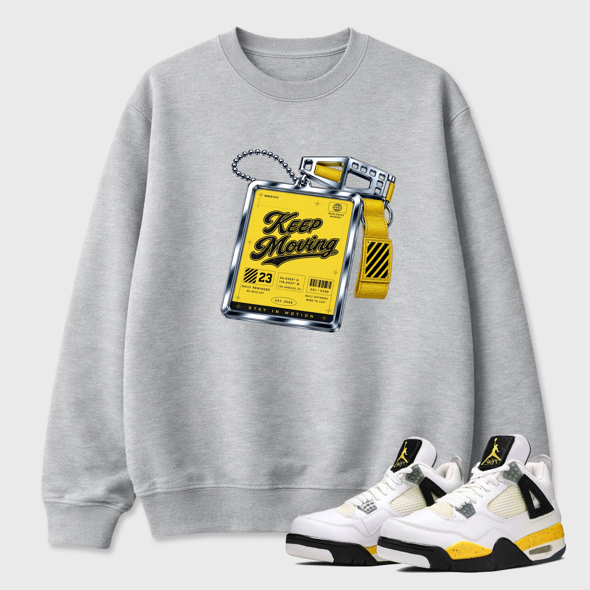 Keep Moving Graphic T-Shirt featuring original streetwear artwork designed to match the Air Jordan 4 Tour Yellow. Heather Grey 1 Graphic Tee.