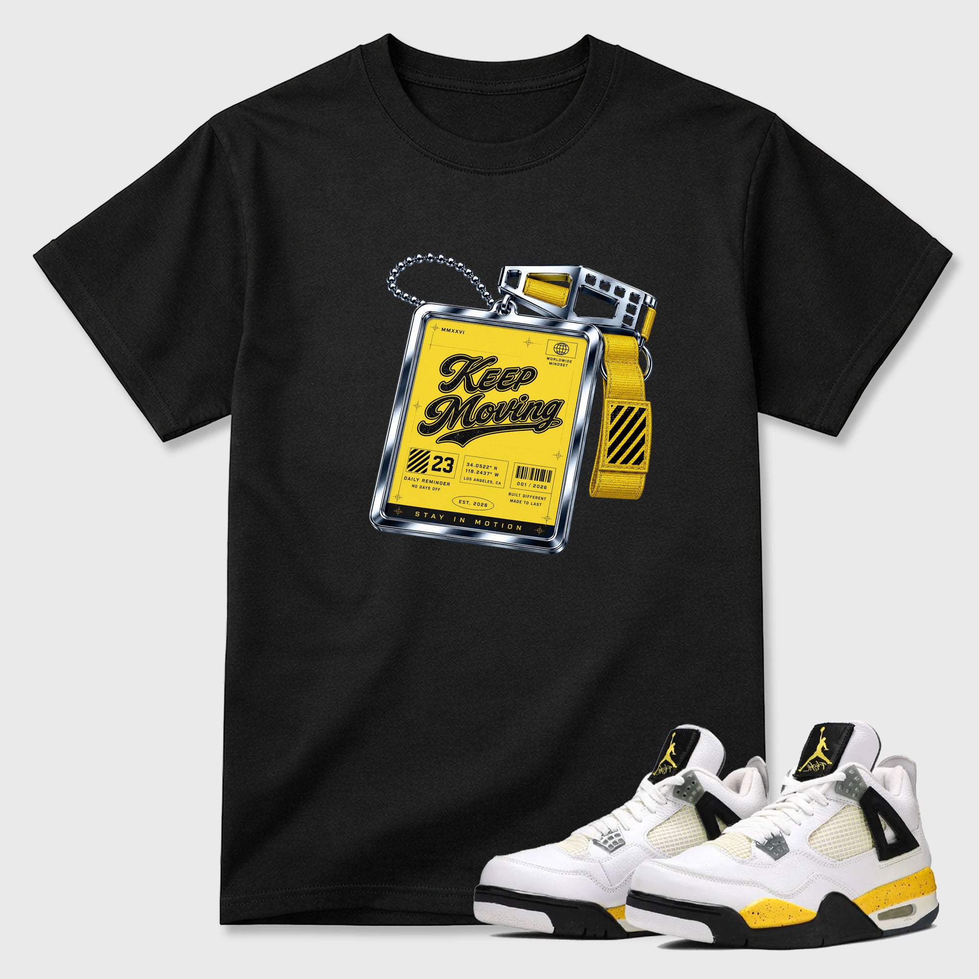 Keep Moving Graphic T-Shirt featuring original streetwear artwork designed to match the Air Jordan 4 Tour Yellow. Black 1 Graphic T-Shirt.