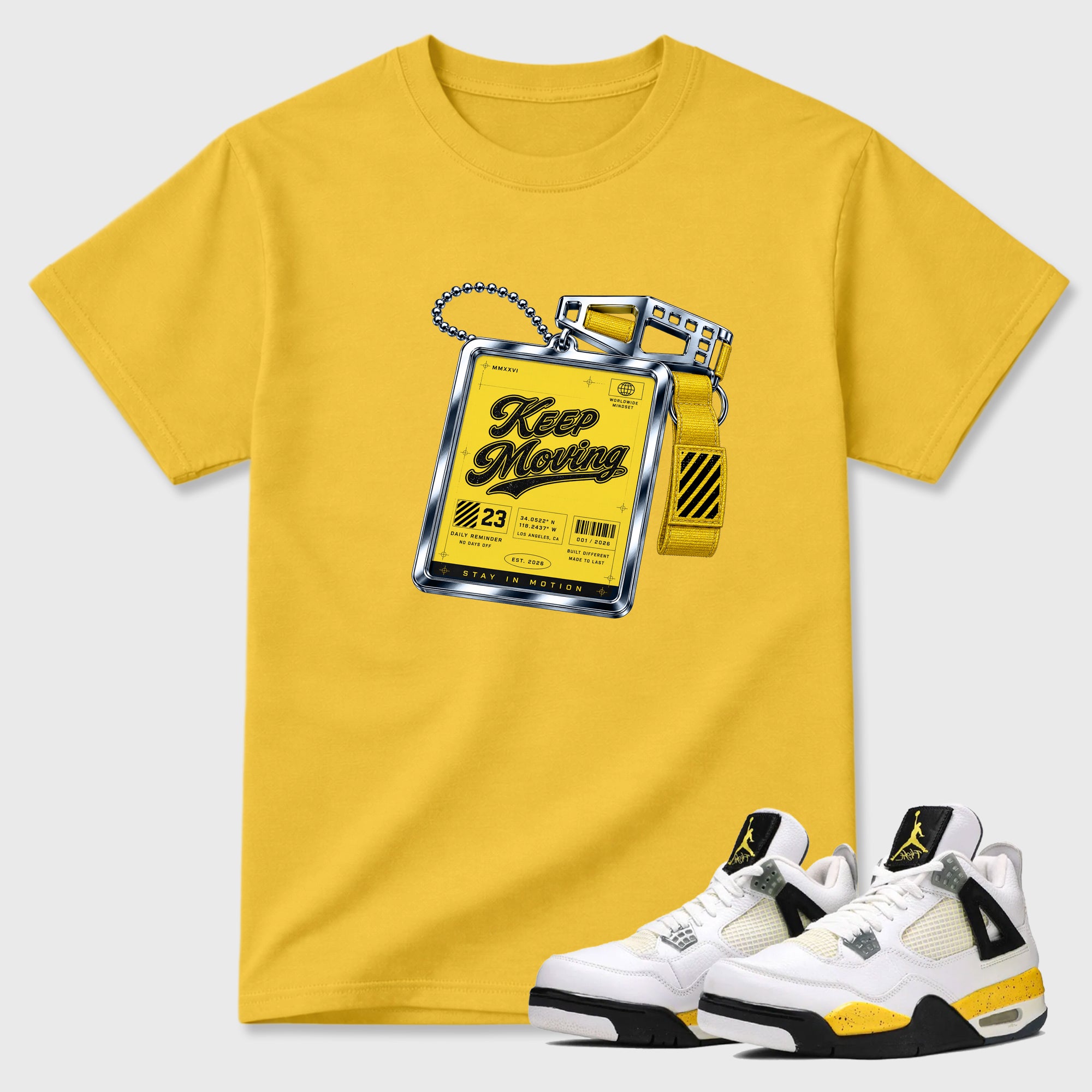 Keep Moving Graphic T-Shirt featuring original streetwear artwork designed to match the Air Jordan 4 Tour Yellow. Daisy 1 Graphic T-Shirt.