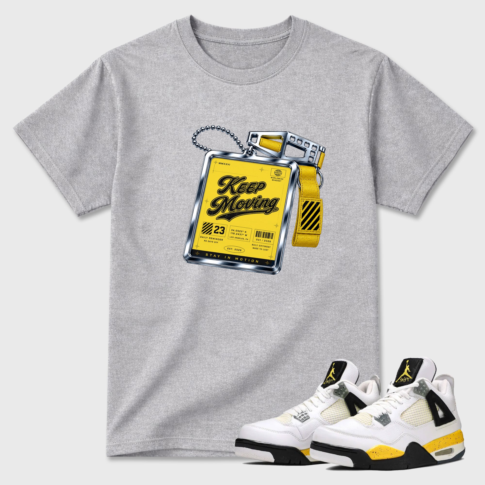 Keep Moving Graphic T-Shirt featuring original streetwear artwork designed to match the Air Jordan 4 Tour Yellow. Heather Grey 1 Graphic T-Shirt.