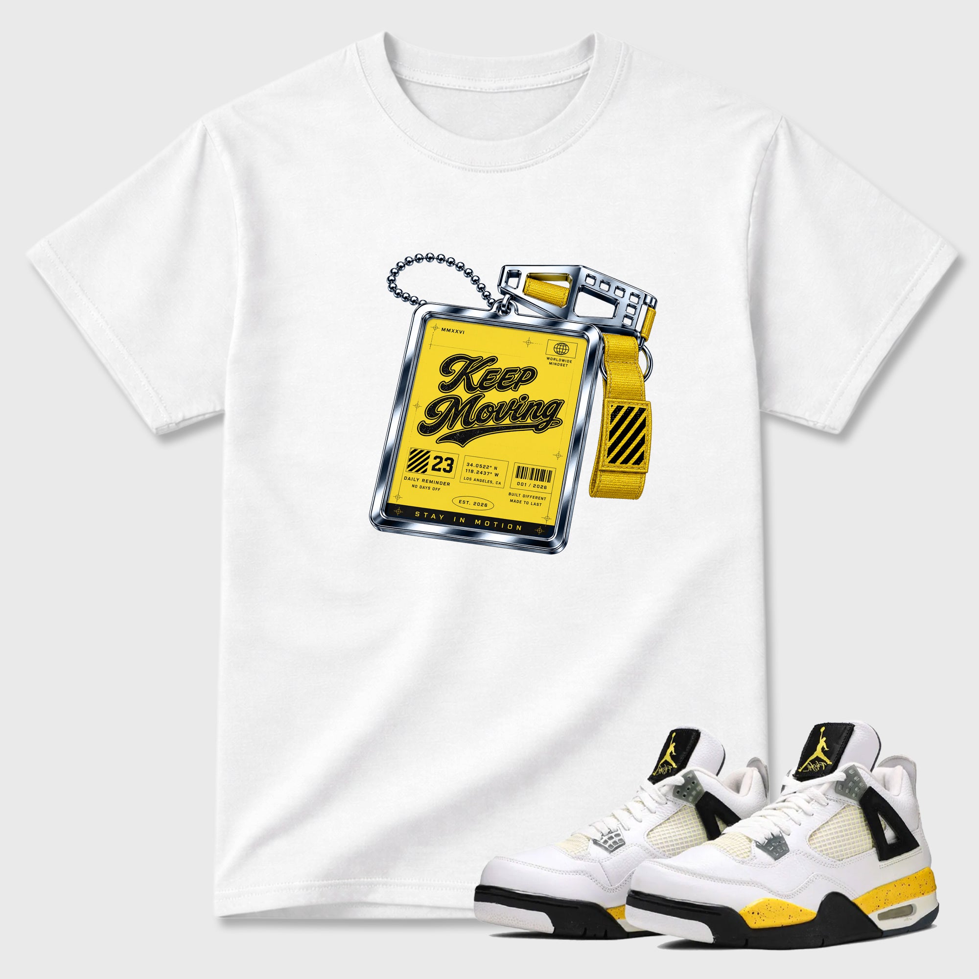 Keep Moving Graphic T-Shirt featuring original streetwear artwork designed to match the Air Jordan 4 Tour Yellow. White 1 Graphic T-Shirt.