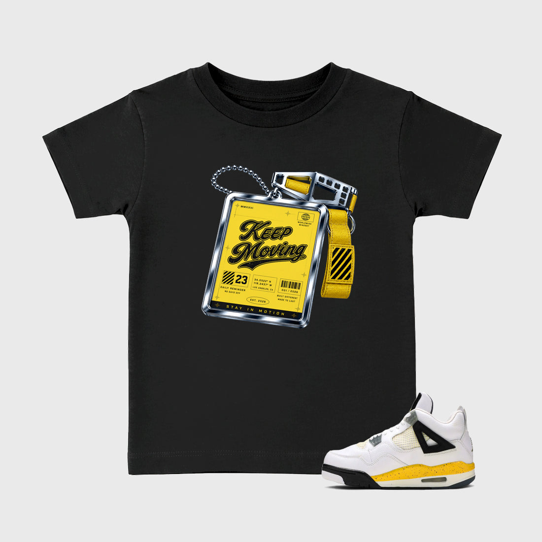 Keep Moving Baby & Kids Graphic T-Shirt featuring original artwork designed to match the Air Jordan 4 Tour Yellow. Black 1 Kids Graphic Tee.