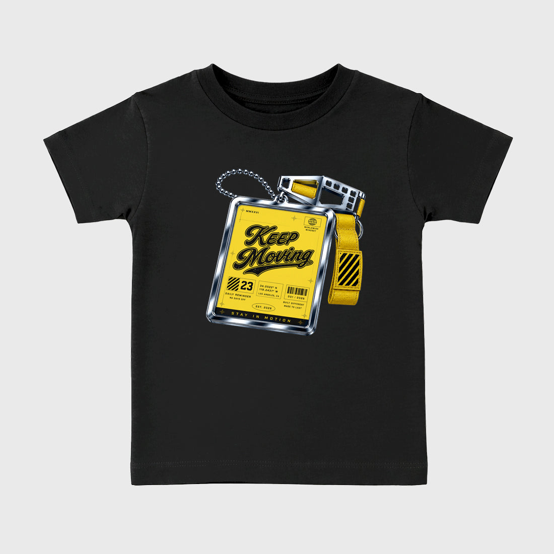 Keep Moving Baby & Kids Graphic T-Shirt featuring original artwork designed to match the Air Jordan 4 Tour Yellow. Black 2 Kids Graphic Tee.