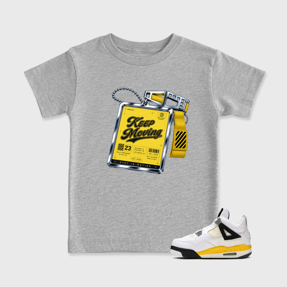 Keep Moving Baby & Kids Graphic T-Shirt featuring original artwork designed to match the Air Jordan 4 Tour Yellow. Heather Grey 1 Kids Graphic Tee.