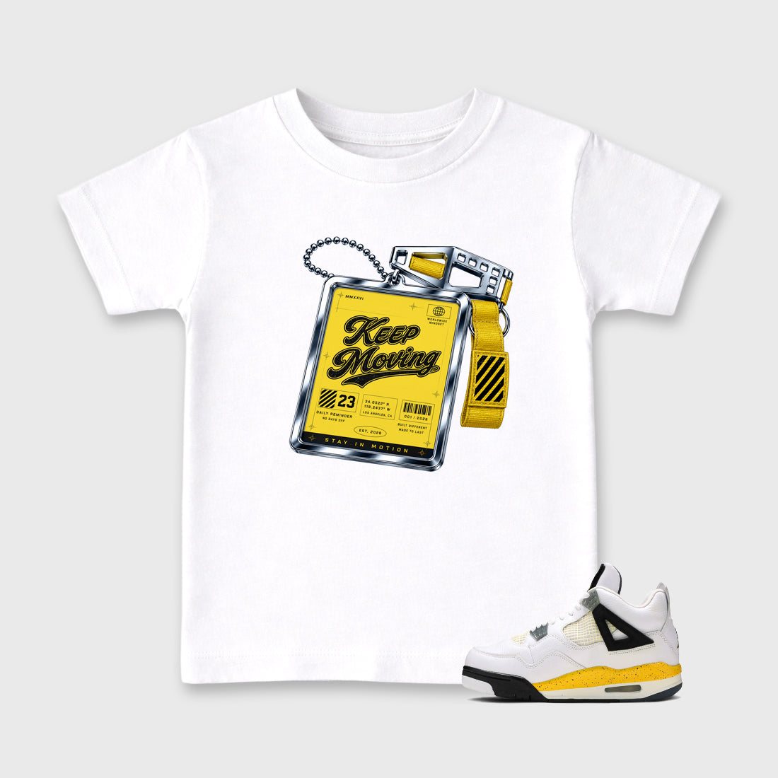 Keep Moving Baby & Kids Graphic T-Shirt featuring original artwork designed to match the Air Jordan 4 Tour Yellow. White 1 Kids Graphic Tee.