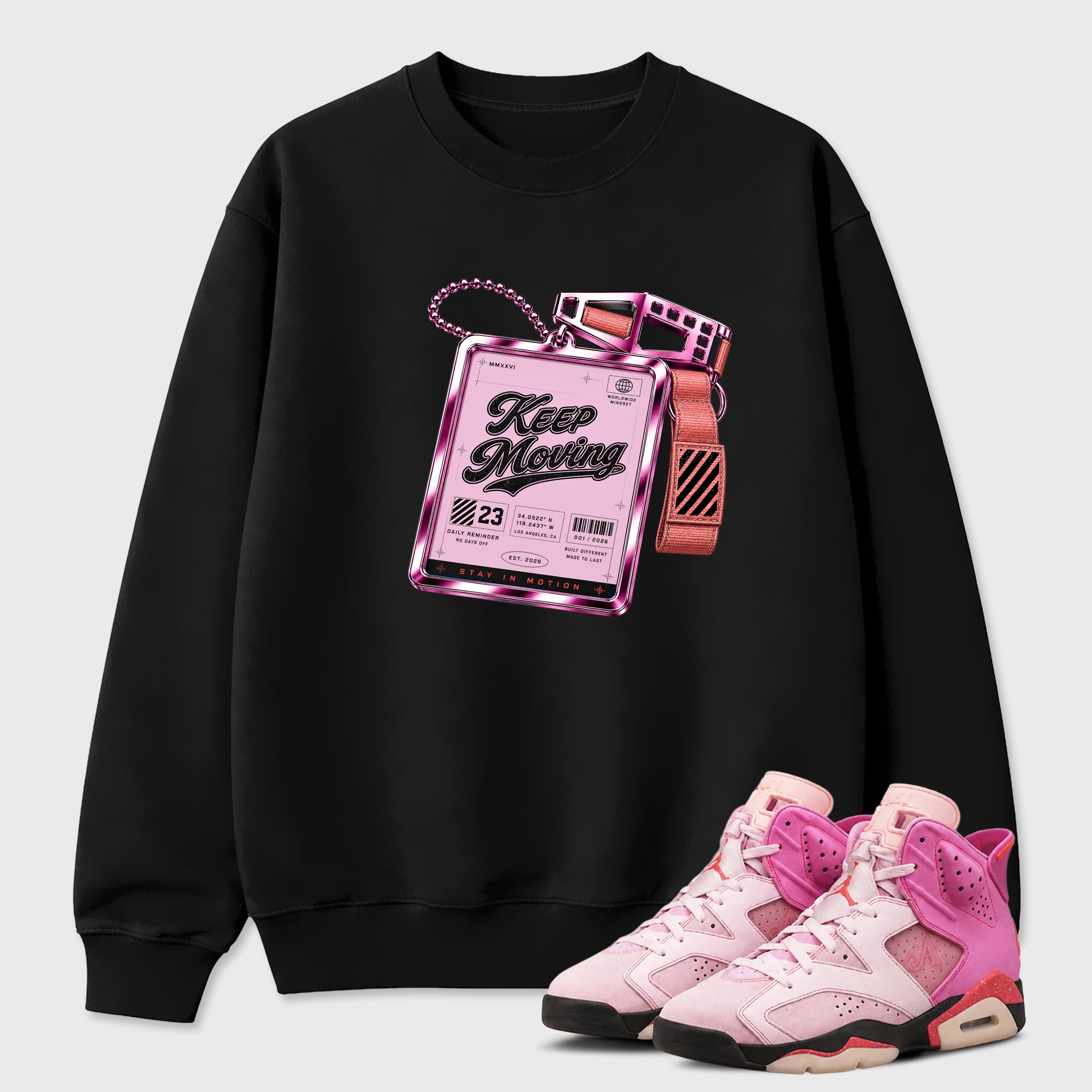 Keep Moving Graphic T-Shirt featuring original streetwear artwork designed to match the Air Jordan 6 Playful Pink. Black 1 Graphic Tee.