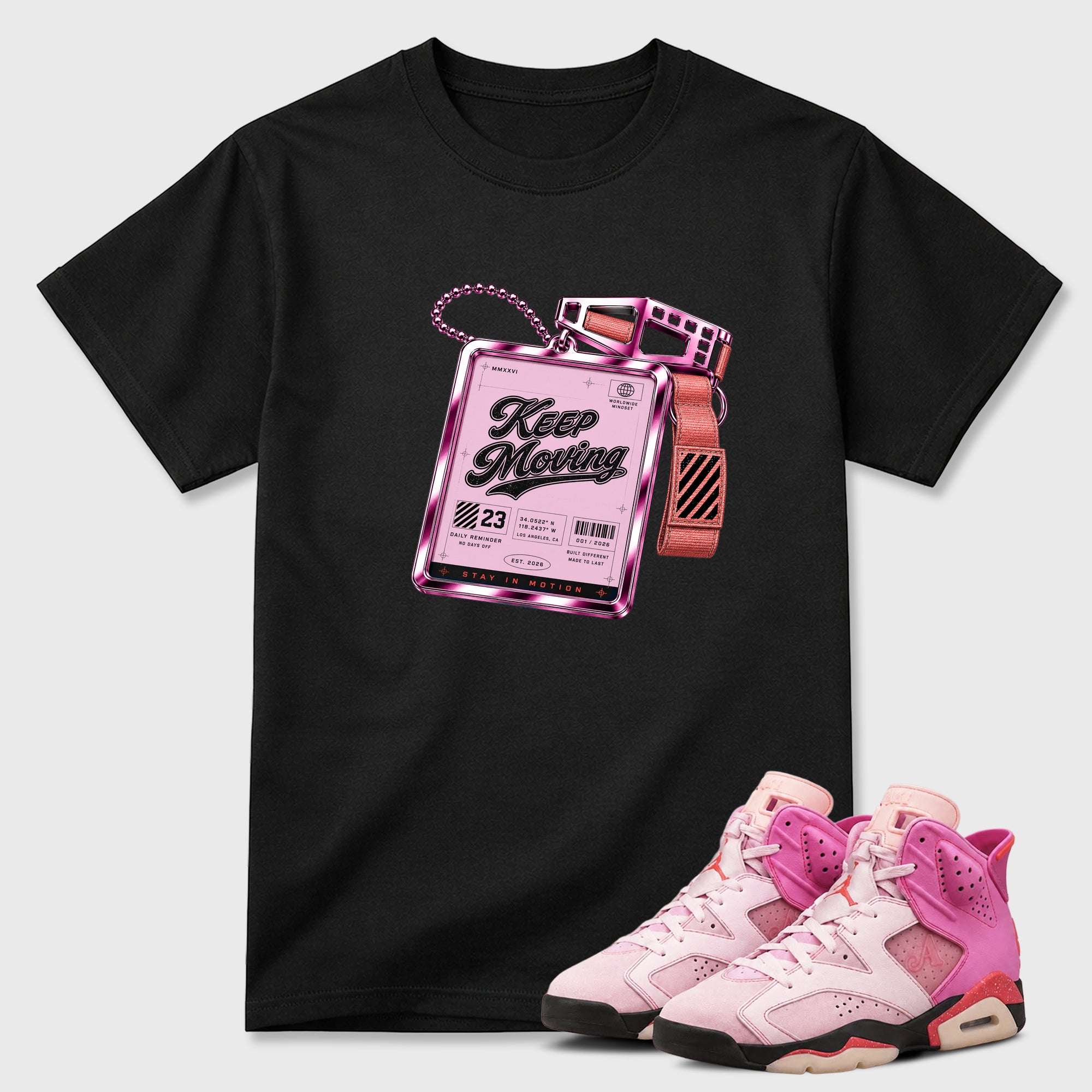 Keep Moving Graphic T-Shirt featuring original streetwear artwork designed to match the Air Jordan 6 Playful Pink. Black 1 Graphic T-Shirt.