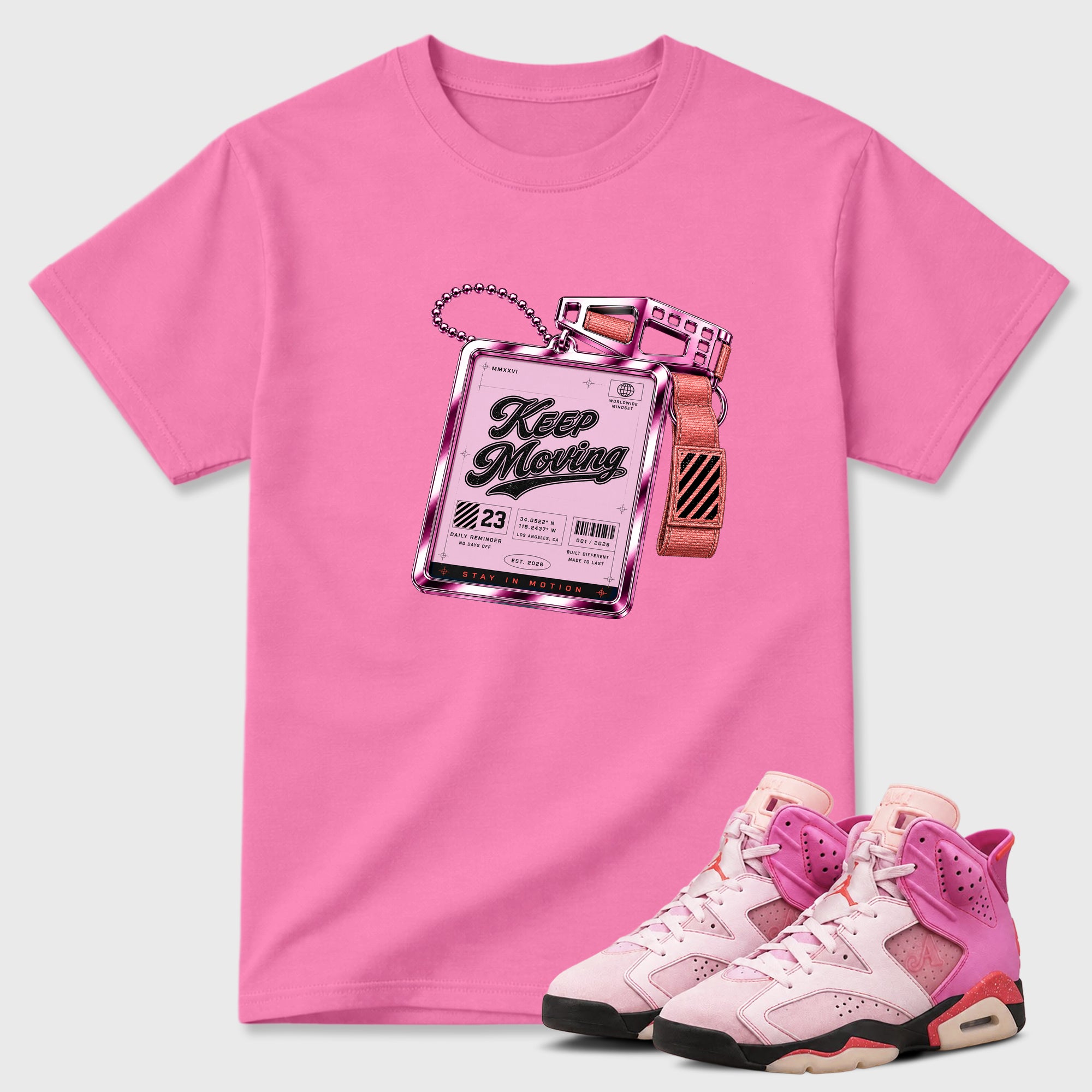 Keep Moving Graphic T-Shirt featuring original streetwear artwork designed to match the Air Jordan 6 Playful Pink. Bubble Gum 1 Graphic T-Shirt.