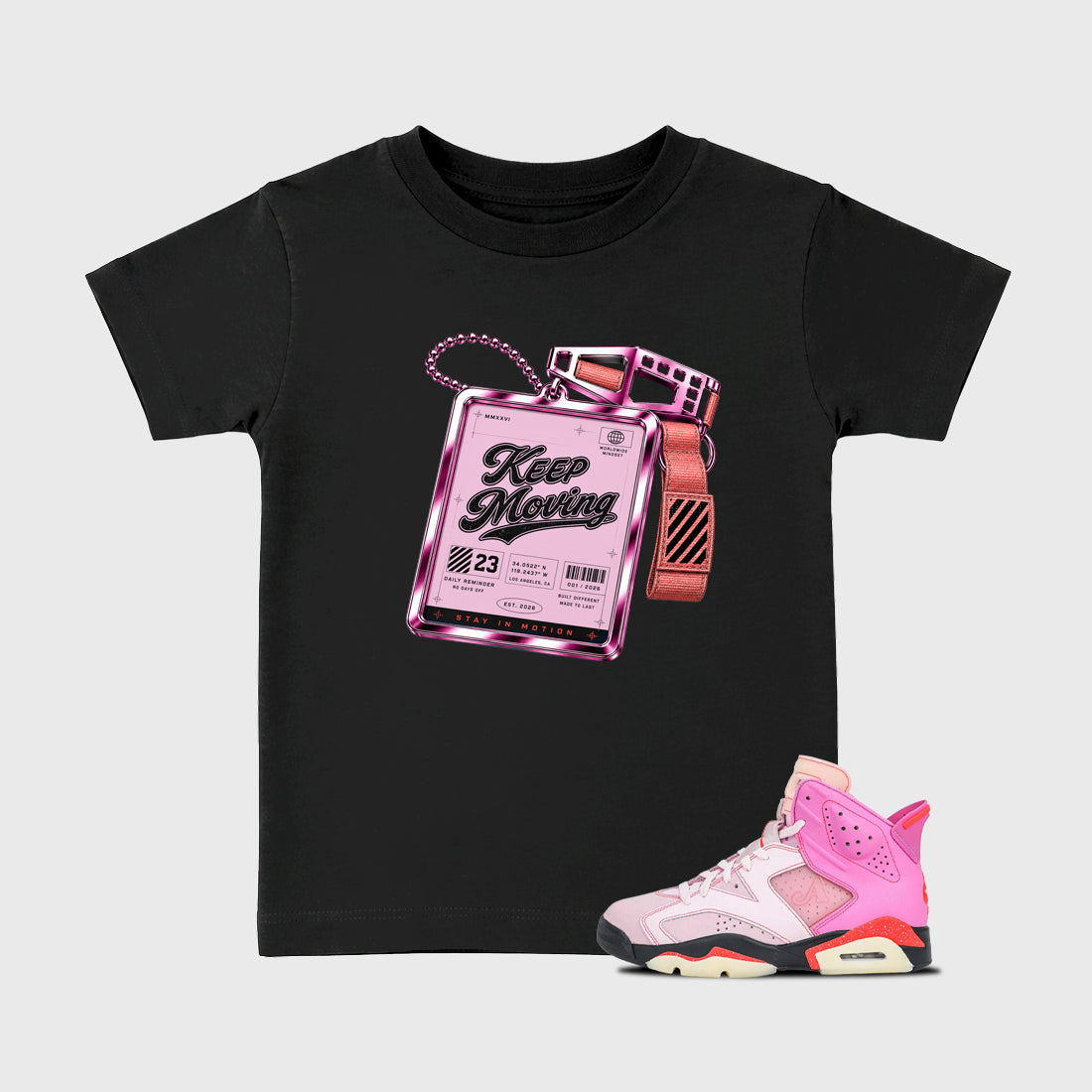 Keep Moving Baby & Kids Graphic T-Shirt featuring original artwork designed to match the Air Jordan 6 Playful Pink. Black 1 Kids Graphic Tee.