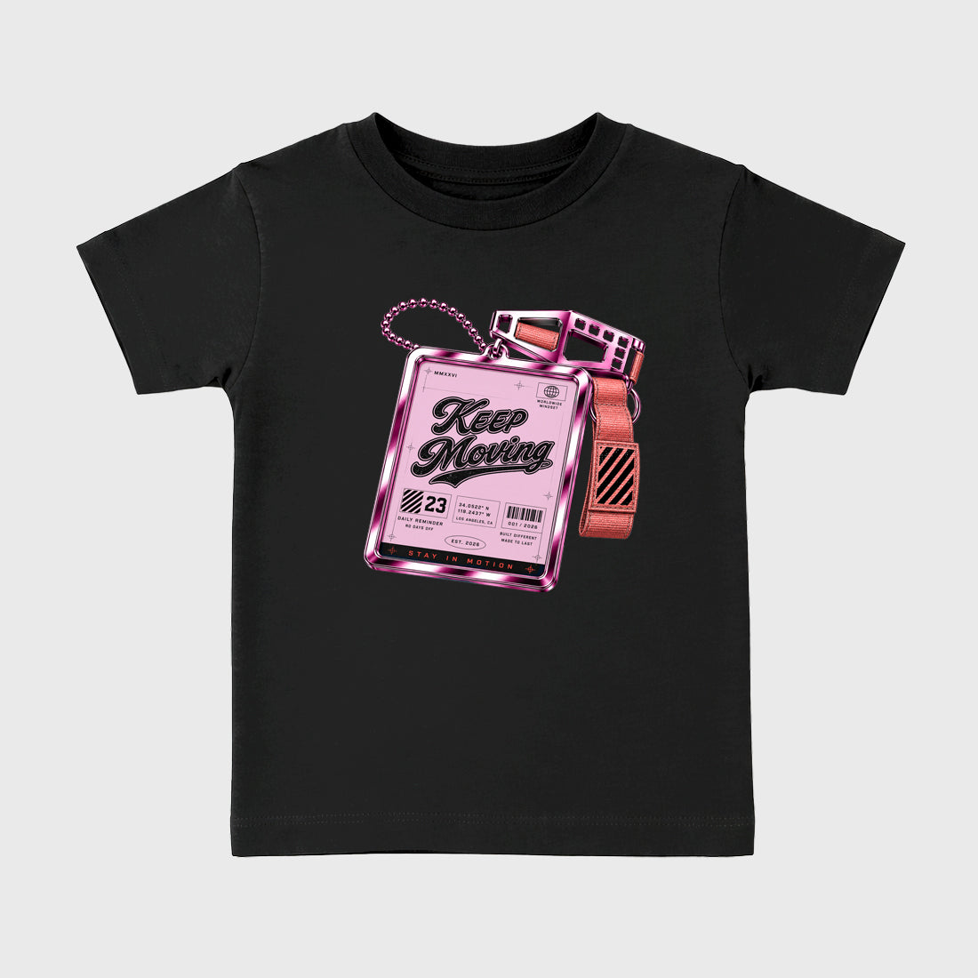 Keep Moving Baby & Kids Graphic T-Shirt featuring original artwork designed to match the Air Jordan 6 Playful Pink. Black 2 Kids Graphic Tee.
