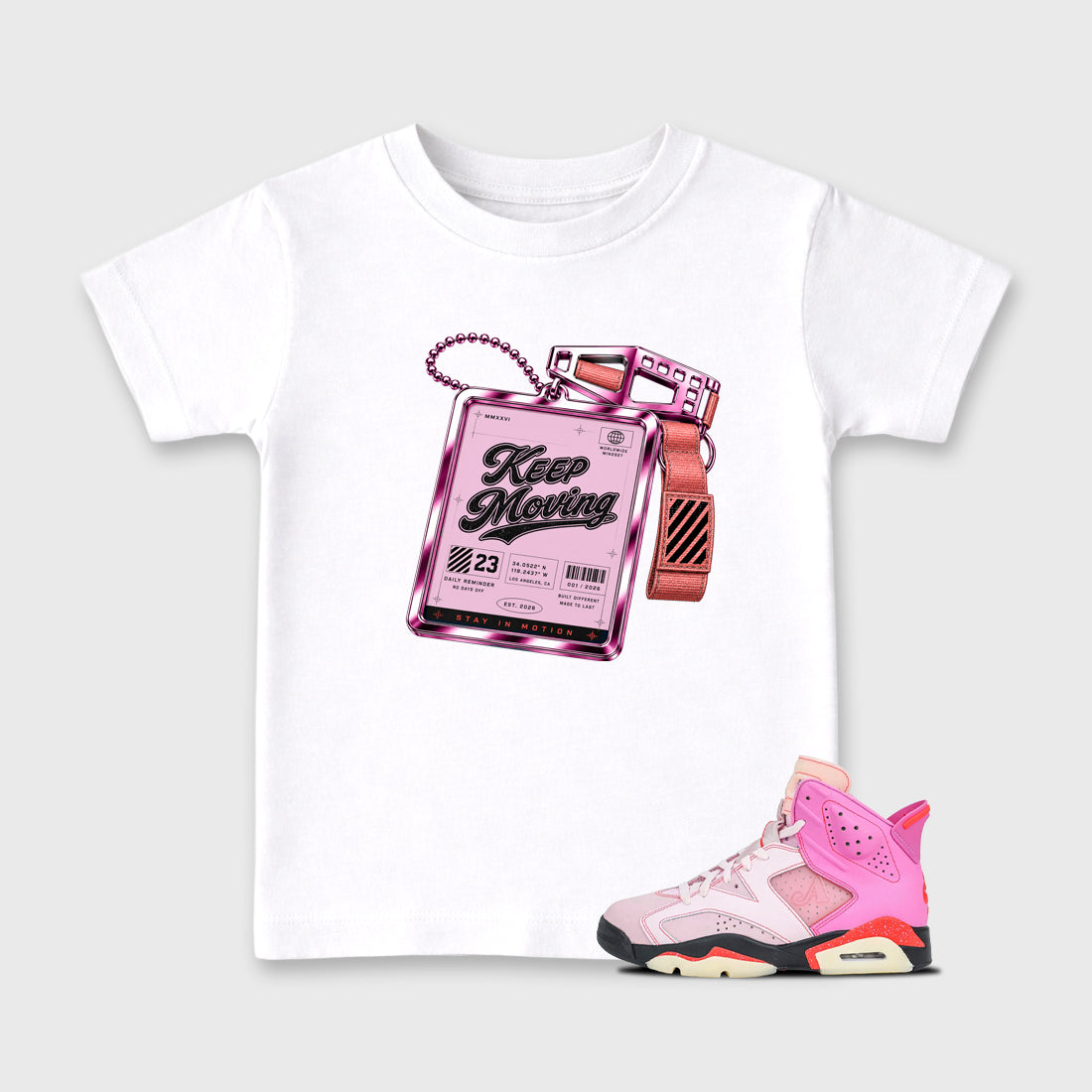 Keep Moving Baby & Kids Graphic T-Shirt featuring original artwork designed to match the Air Jordan 6 Playful Pink. White 1 Kids Graphic Tee.