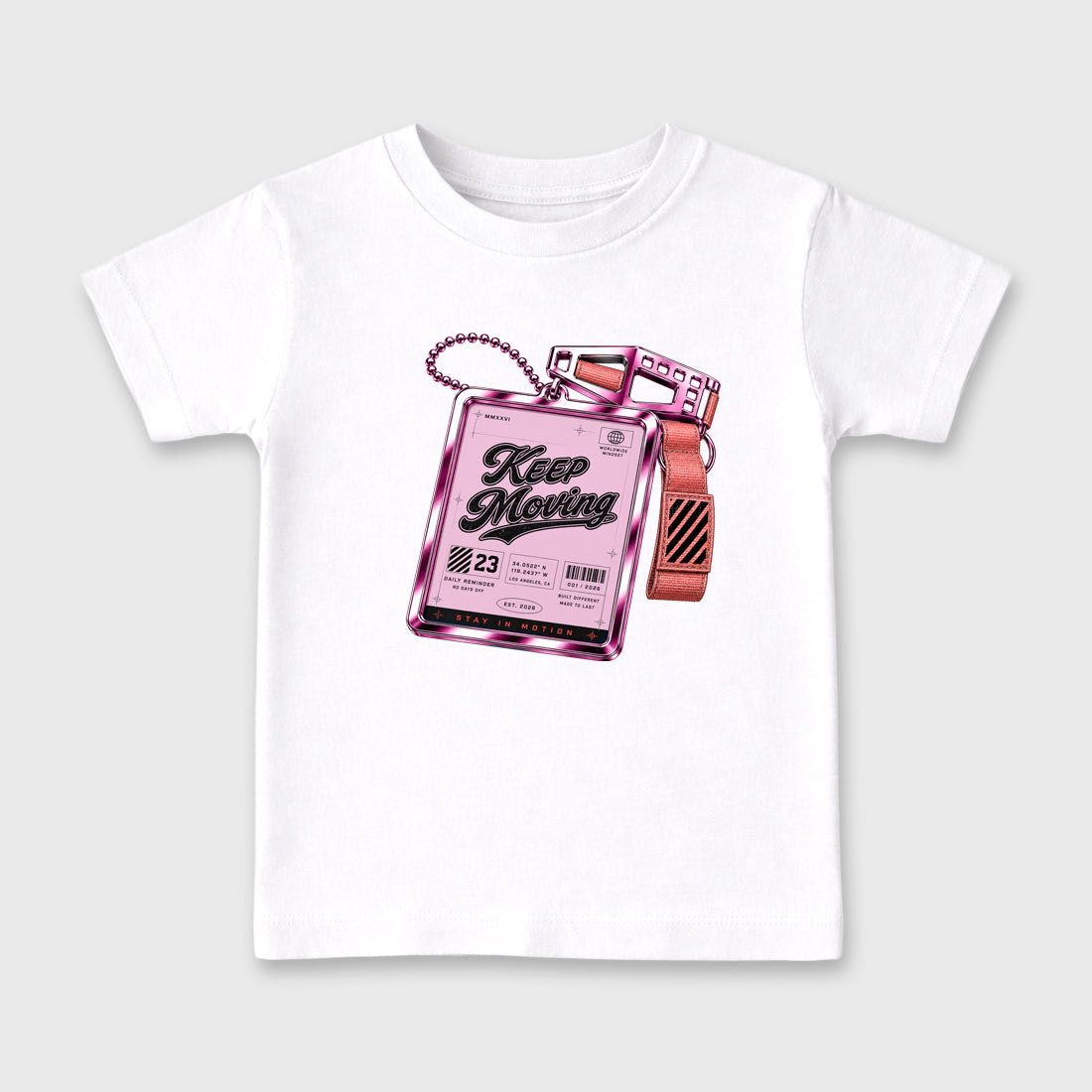 Keep Moving Baby & Kids Graphic T-Shirt featuring original artwork designed to match the Air Jordan 6 Playful Pink. White 2 Kids Graphic Tee.