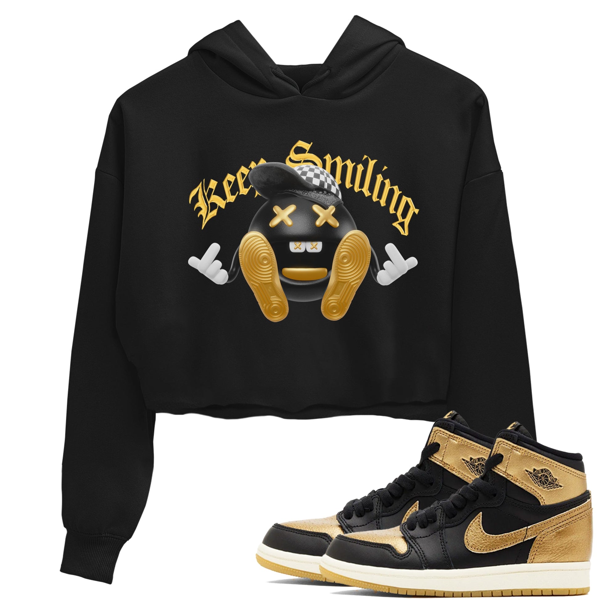 1s Black Metallic Gold shirts to match jordans Keep Smiling sneaker match tees Air Jordan 1 Black Metallic Gold SNRT Sneaker Tees streetwear brand Black 1 crop tee