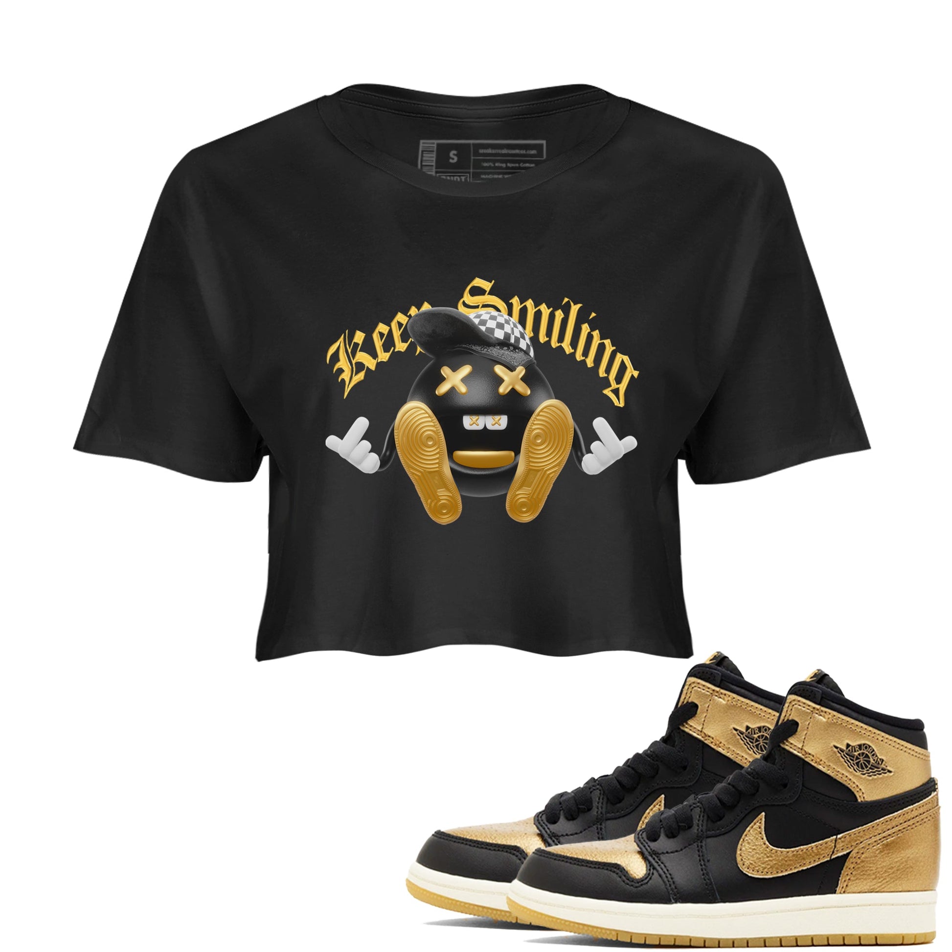 1s Black Metallic Gold shirts to match jordans Keep Smiling sneaker match tees Air Jordan 1 Black Metallic Gold SNRT Sneaker Tees streetwear brand Black 1 crop tee