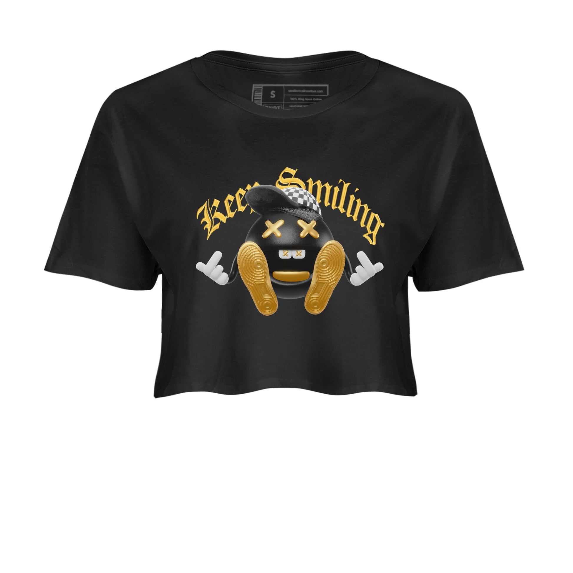 1s Black Metallic Gold shirts to match jordans Keep Smiling sneaker match tees Air Jordan 1 Black Metallic Gold SNRT Sneaker Tees streetwear brand Black 2 crop tee