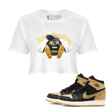 1s Black Metallic Gold shirts to match jordans Keep Smiling sneaker match tees Air Jordan 1 Black Metallic Gold SNRT Sneaker Tees streetwear brand White 1 crop tee