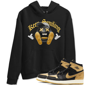 1s Black Metallic Gold shirts to match jordans Keep Smiling sneaker match tees Jordan 1 High OG Black and Gold SNRT Sneaker Tees streetwear brand Black 1 unisex cotton tee