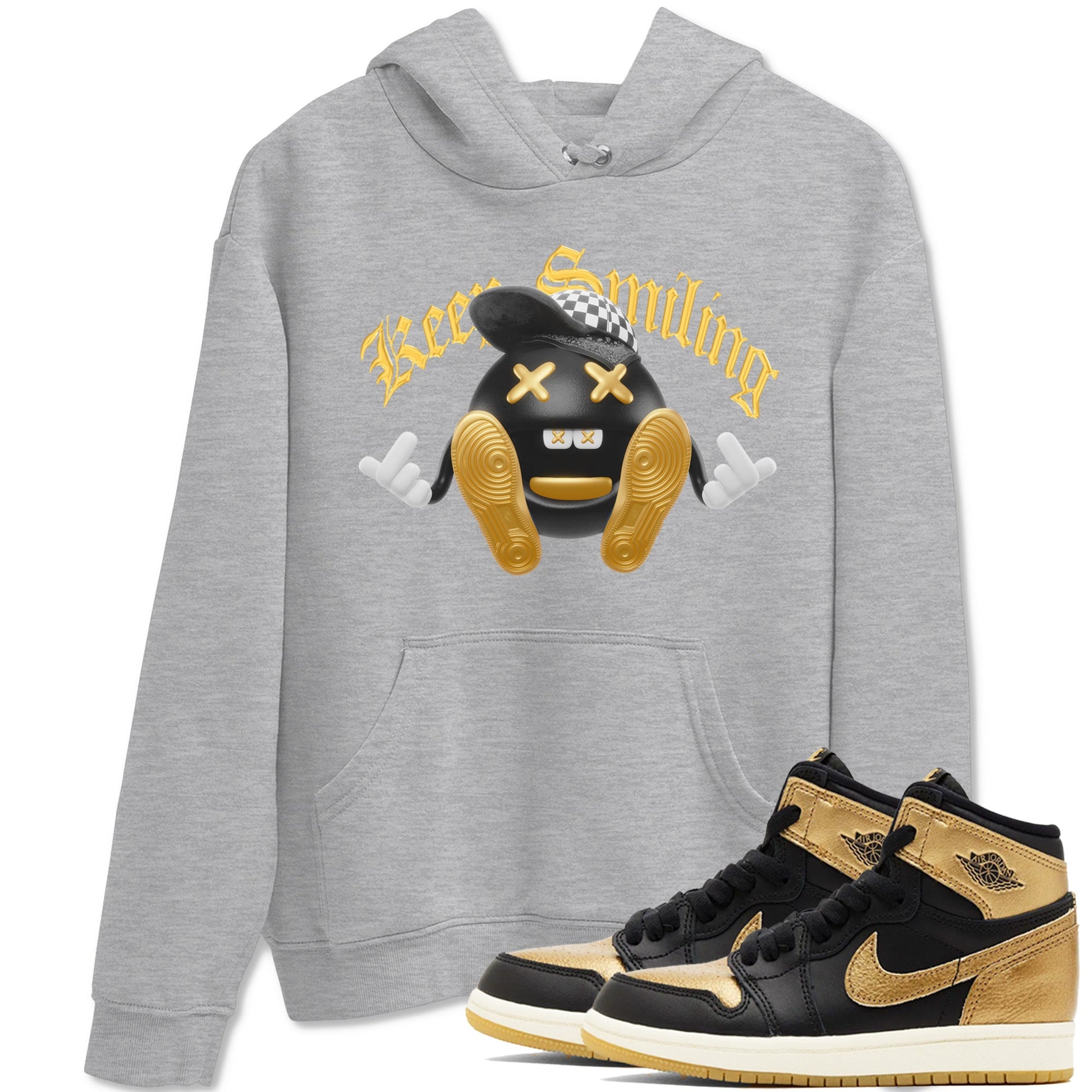 1s Black Metallic Gold shirts to match jordans Keep Smiling sneaker match tees Jordan 1 High OG Black and Gold SNRT Sneaker Tees streetwear brand Heather Grey 1 unisex cotton tee