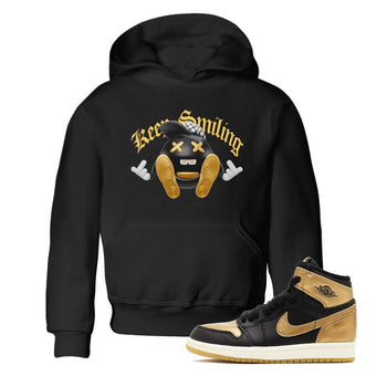 1s Black Metallic Gold shirts to match jordans Keep Smiling sneaker match tees Jordan 1 High OG Black and Gold SNRT Sneaker Tees streetwear brand Baby and Youth Black 1 cotton tee