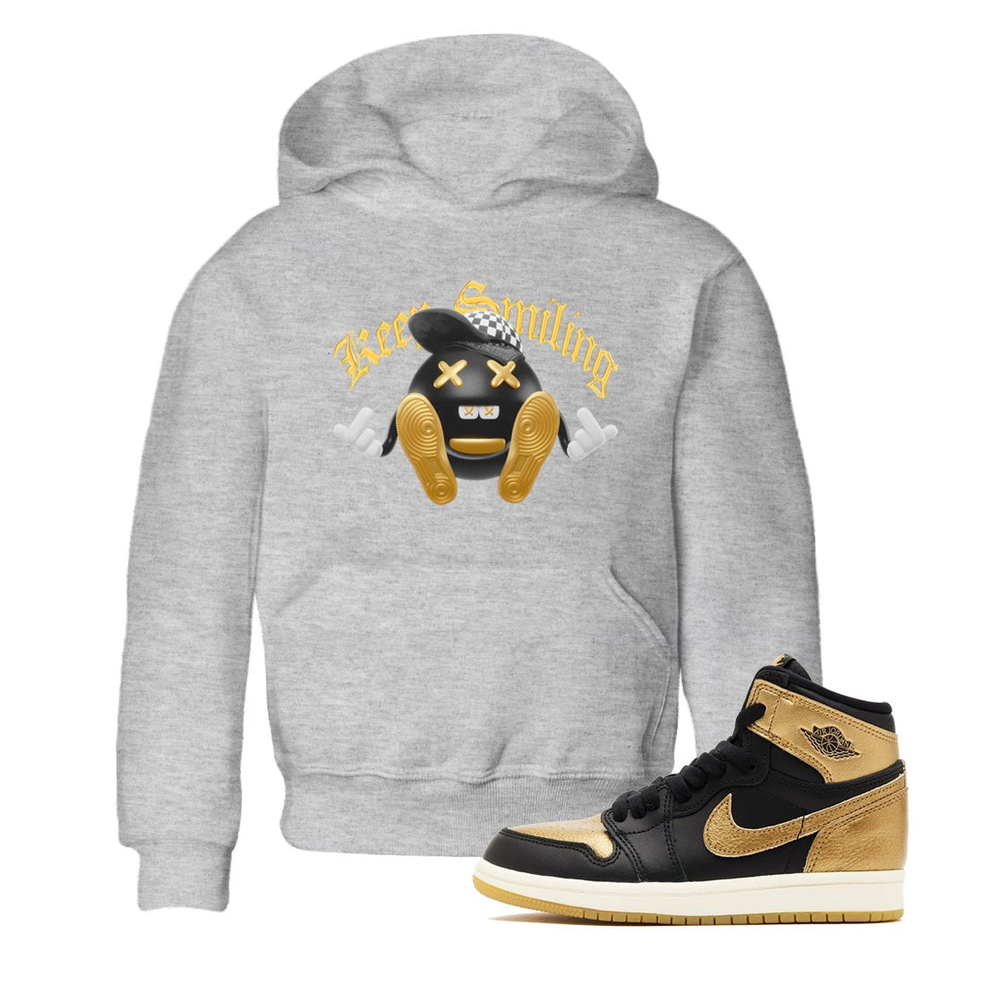 1s Black Metallic Gold shirts to match jordans Keep Smiling sneaker match tees Jordan 1 High OG Black and Gold SNRT Sneaker Tees streetwear brand Baby and Youth Heather Grey 1 cotton tee