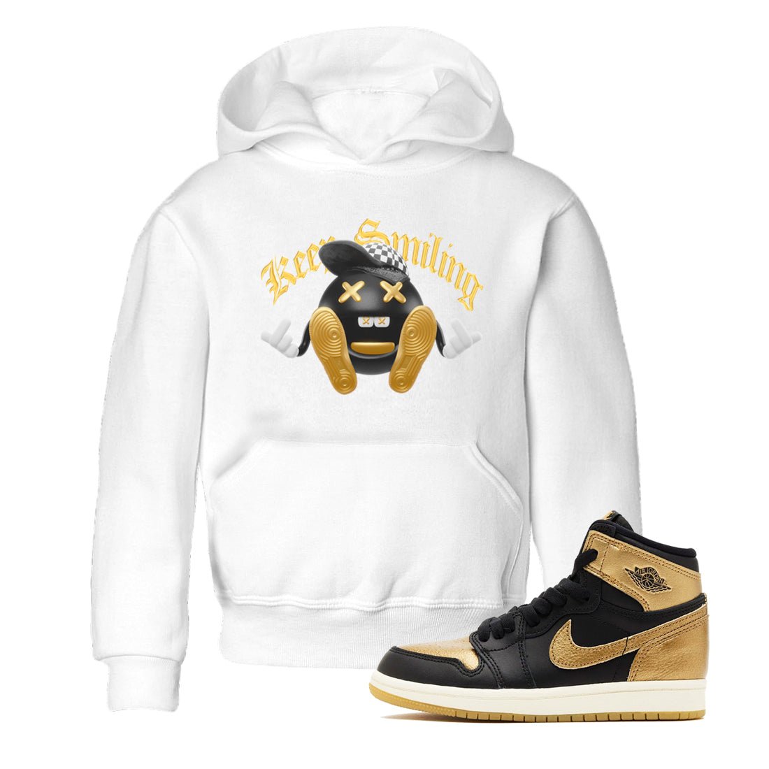 1s Black Metallic Gold shirts to match jordans Keep Smiling sneaker match tees Jordan 1 High OG Black and Gold SNRT Sneaker Tees streetwear brand Baby and Youth White 1 cotton tee